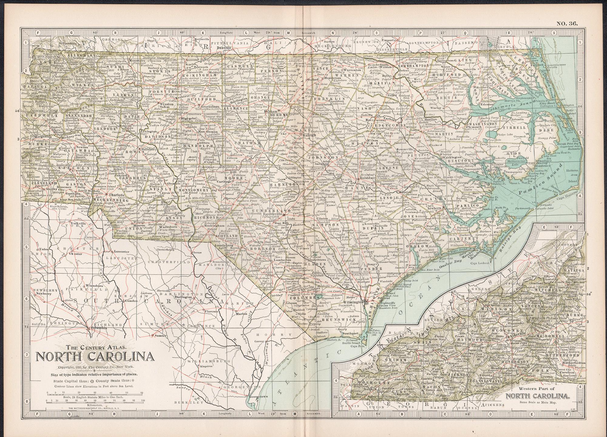North Carolina. USA. Century Atlas state antique vintage map - Print by Unknown
