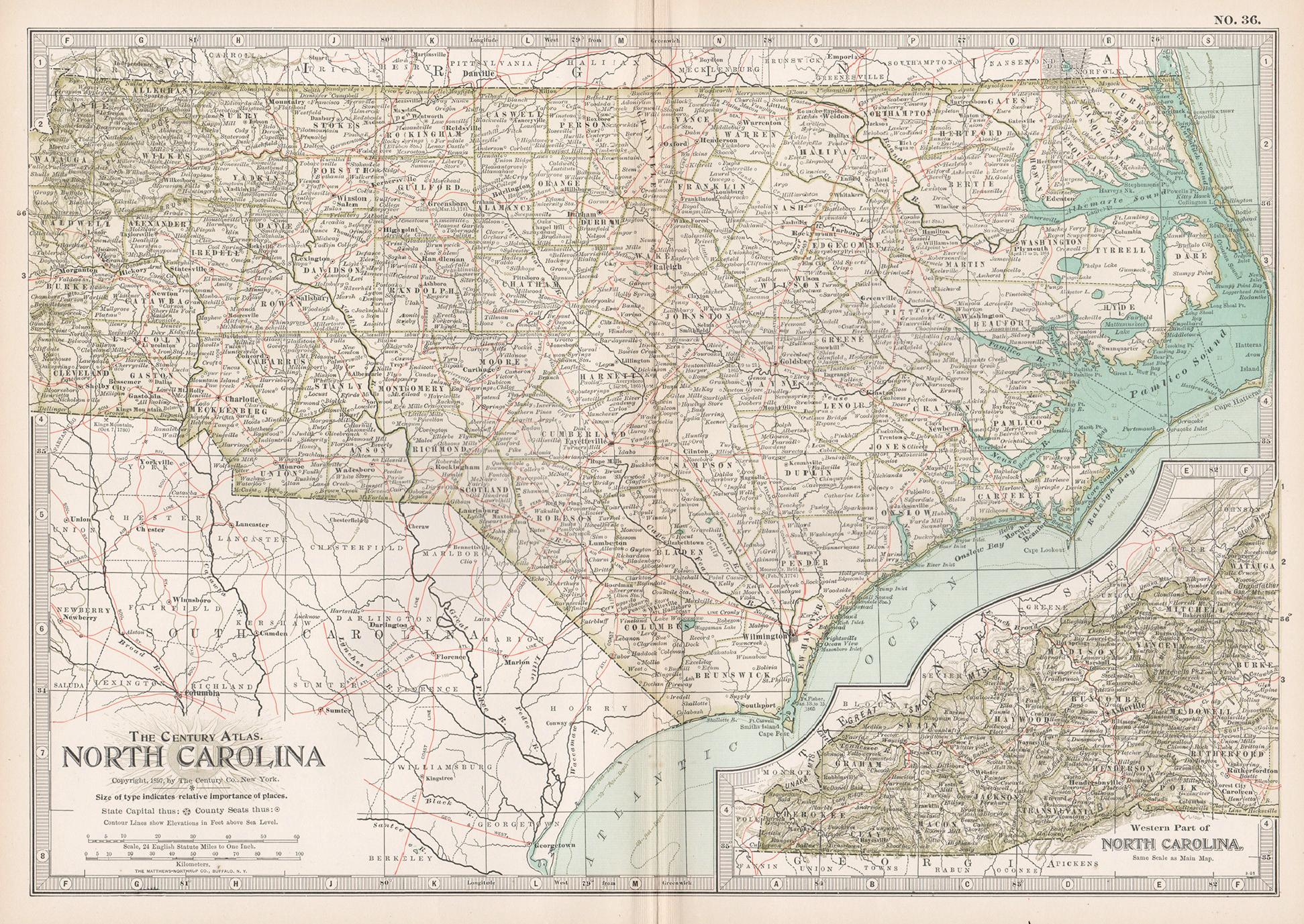 Unknown Print - North Carolina. USA. Century Atlas state antique vintage map