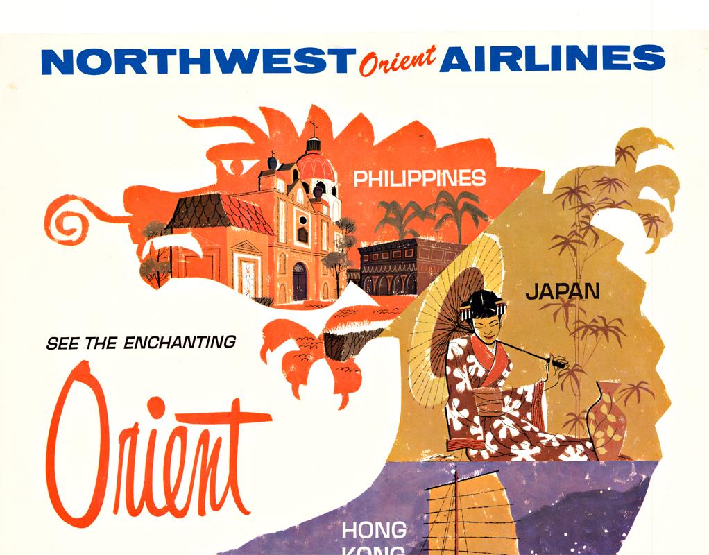 Northwest Orient Airlines see the enchanting Orient original vintage travel post - Print by Unknown