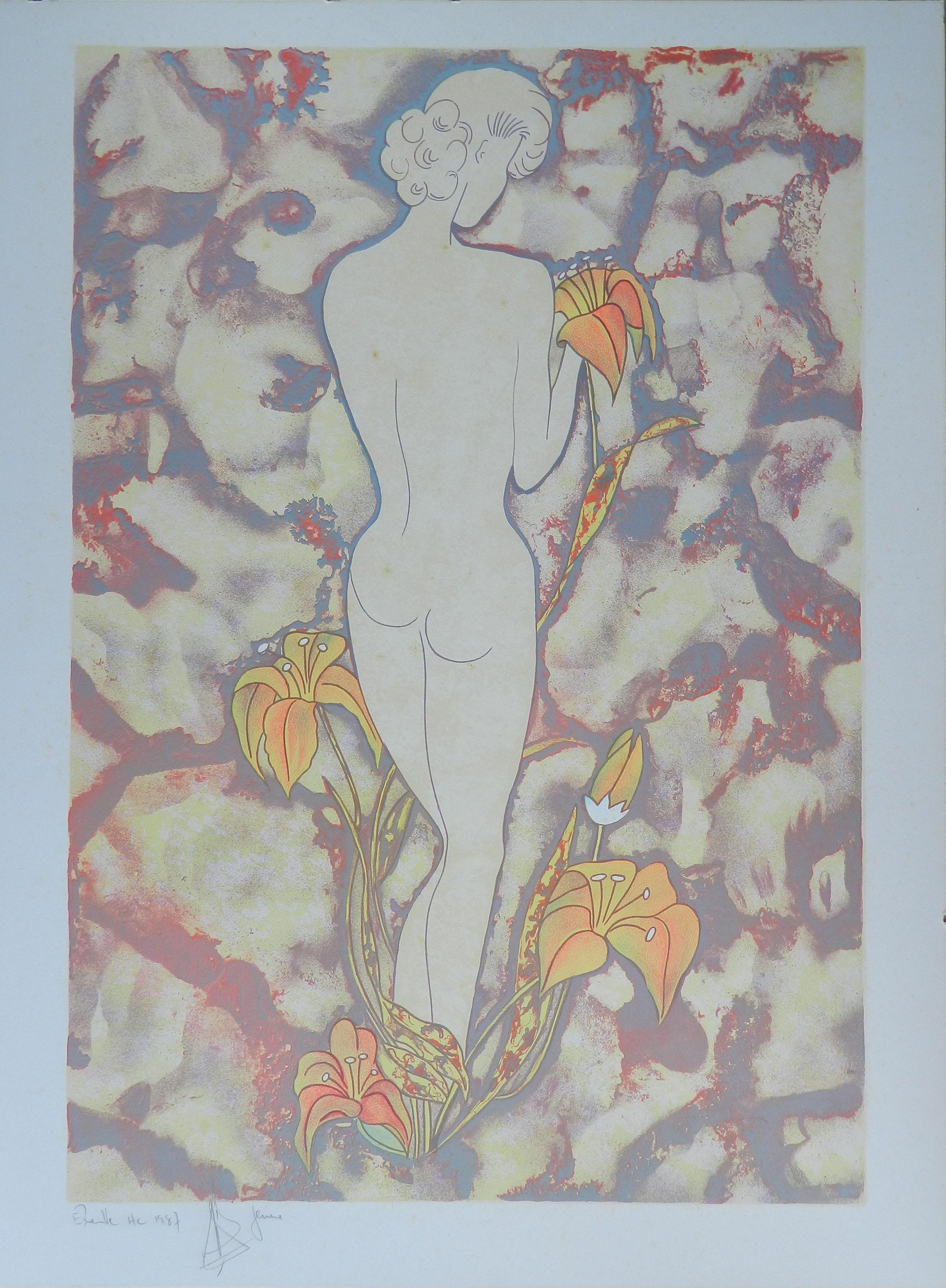 Unknown Figurative Print - Nude Amongst Flowers Lithograph Signed by Artist c1987