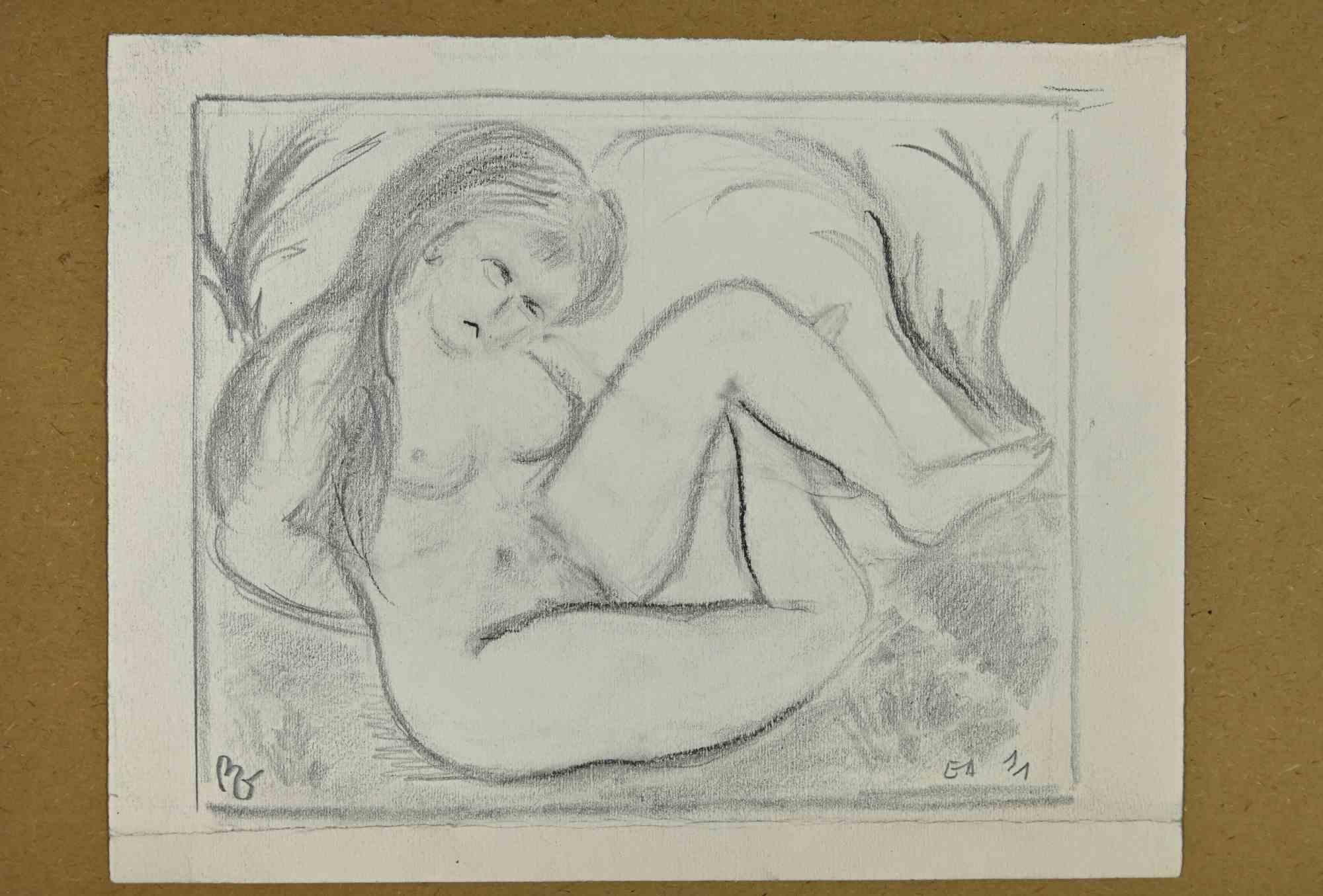 Figurative Print di Unknown - Ragazza nuda - Disegno - Metà del XX secolo