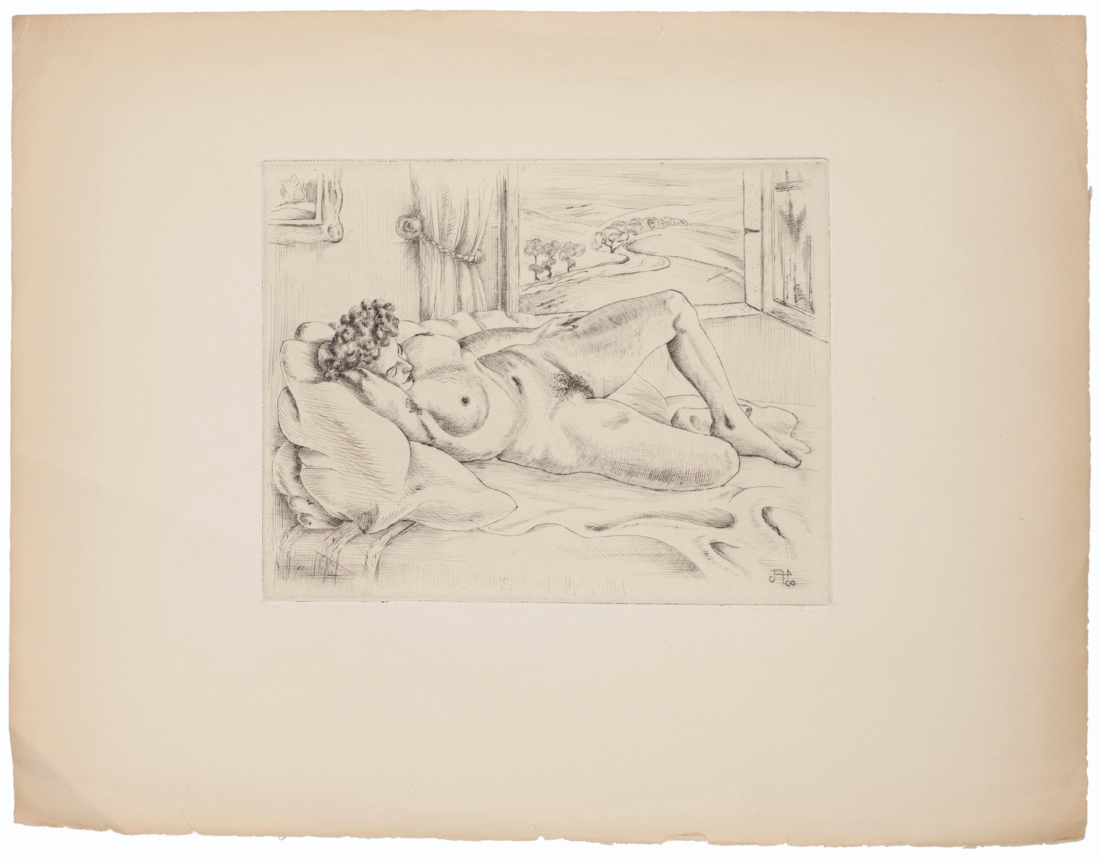 Nude Lying Down - Original Etching - 1945 - Print by Unknown
