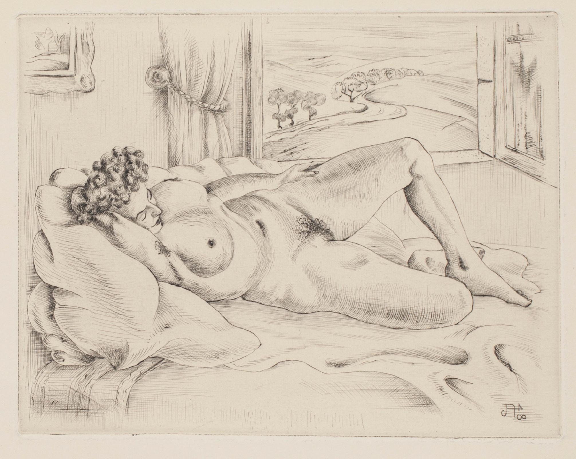 Unknown Figurative Print - Nude Lying Down - Original Etching - 1945