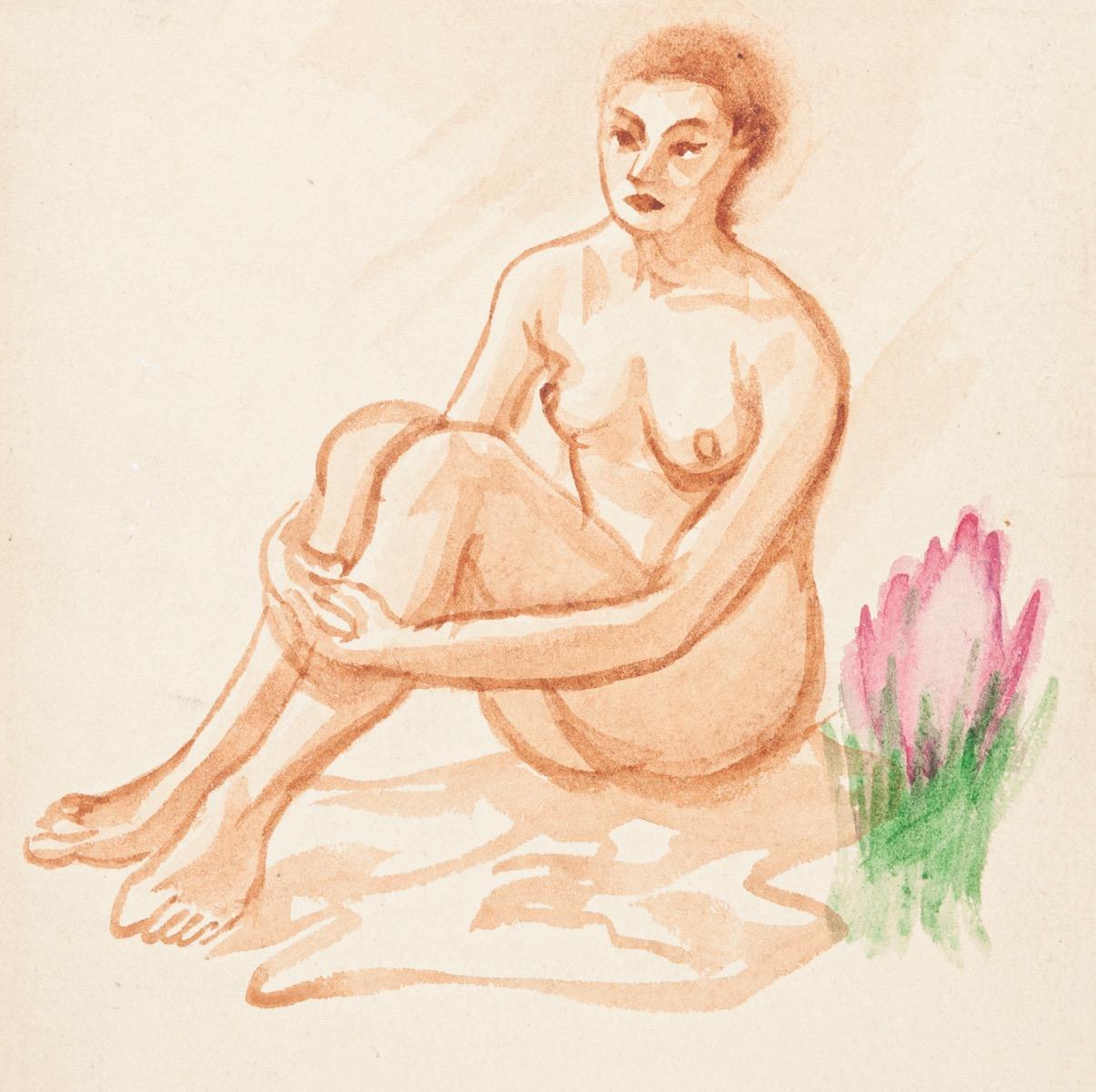 Unknown Figurative Print - Nude - Original Watercolor on Paper - Early 20th Century