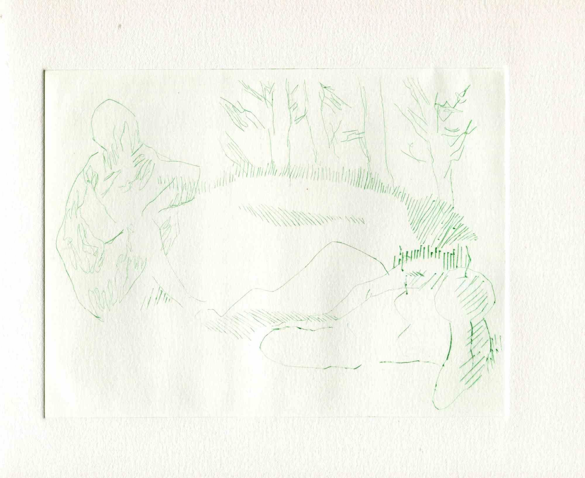 Nus dans le bois - eau-forte et pointe sèche originales - milieu du 20e siècle