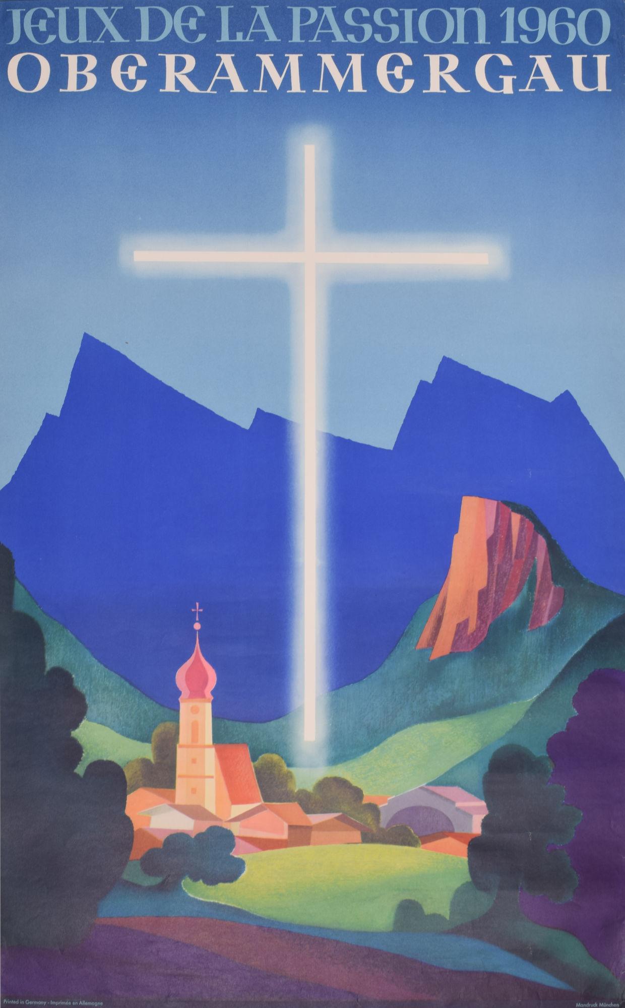 Unknown Landscape Print - Oberammergau, Germany 1960 original vintage Passion Play poster