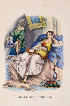 Odalisque à laagerie - Lithographie originale à l'aquarelle - 1848 environ