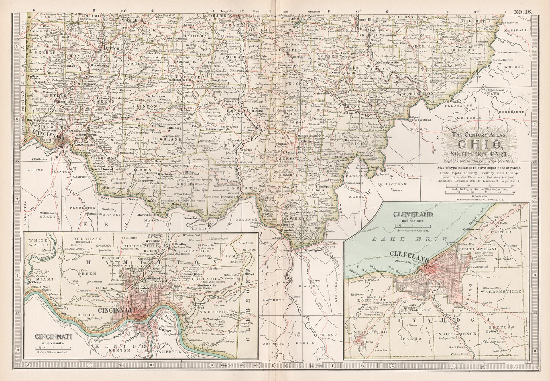 Unknown Print - Ohio, Southern Part. USA. Century Atlas state antique vintage map