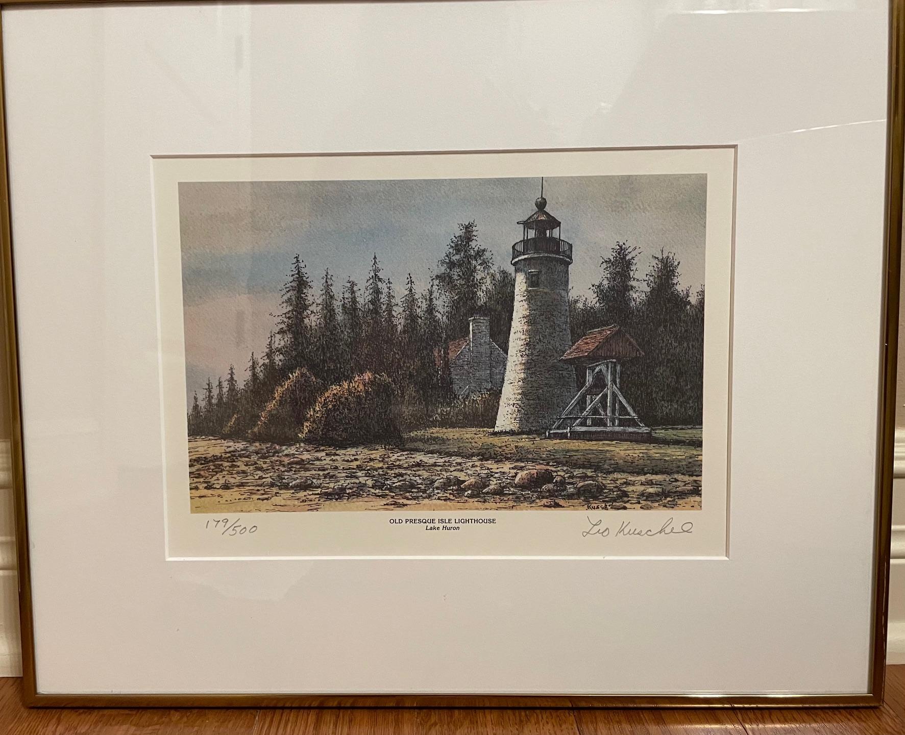 Unknown Landscape Print – Alter Presque Isle-Leuchtturm (Michigan)  -Lithographie von Leo Kuschel