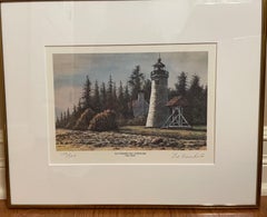 Vintage Old Presque Isle Lighthouse (Michigan)  -lithograph by Leo Kuschel