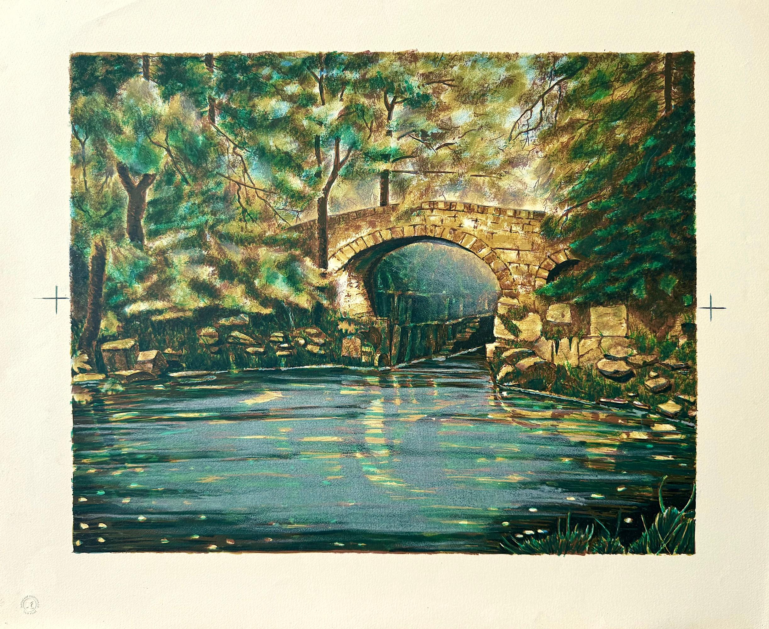 OLD STONE BRIDGE I Original Lithograph Green Forest Footbridge Over Still Water - Print by Unknown