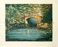 OLD STONE BRIDGE I Original Lithograph Green Forest Footbridge Over Still Water