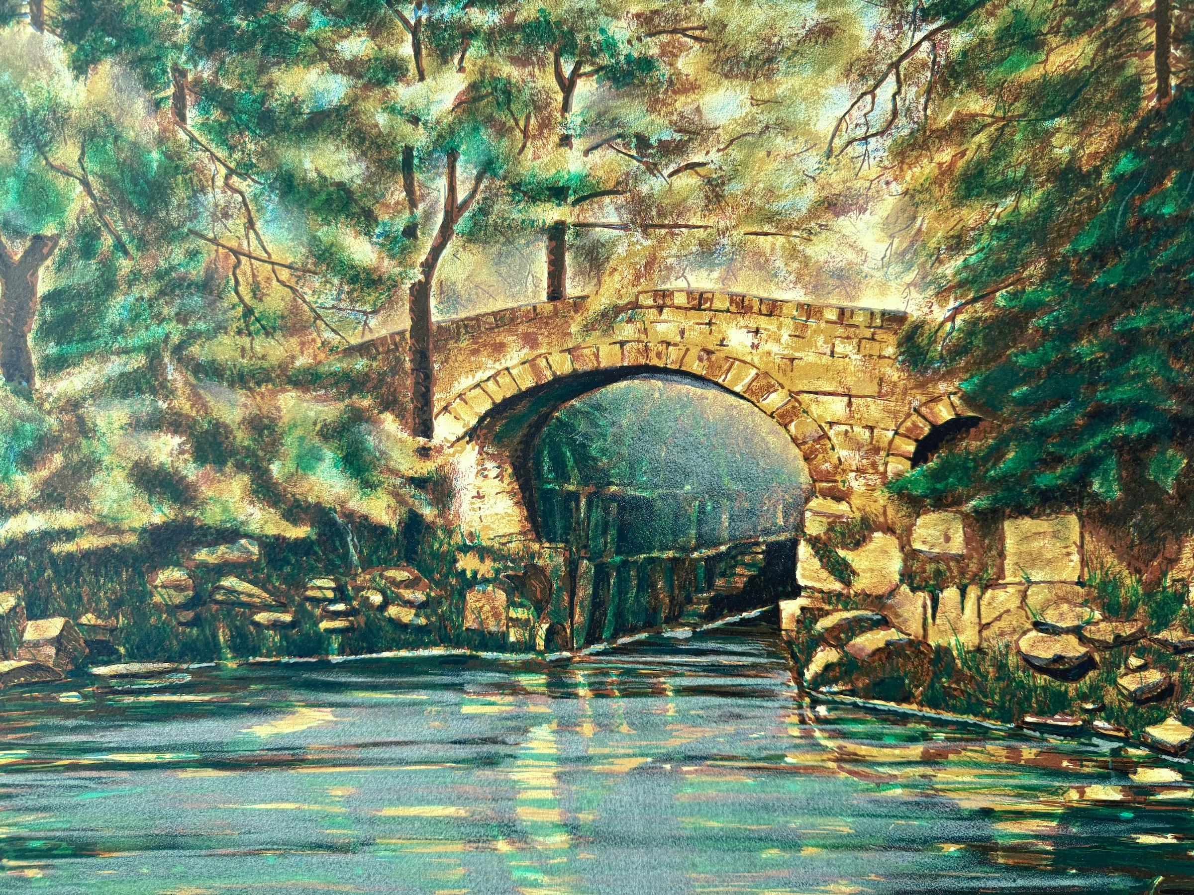 OLD STONE BRIDGE I Original Lithograph Green Forest Footbridge Over Still Water - Realist Print by Unknown