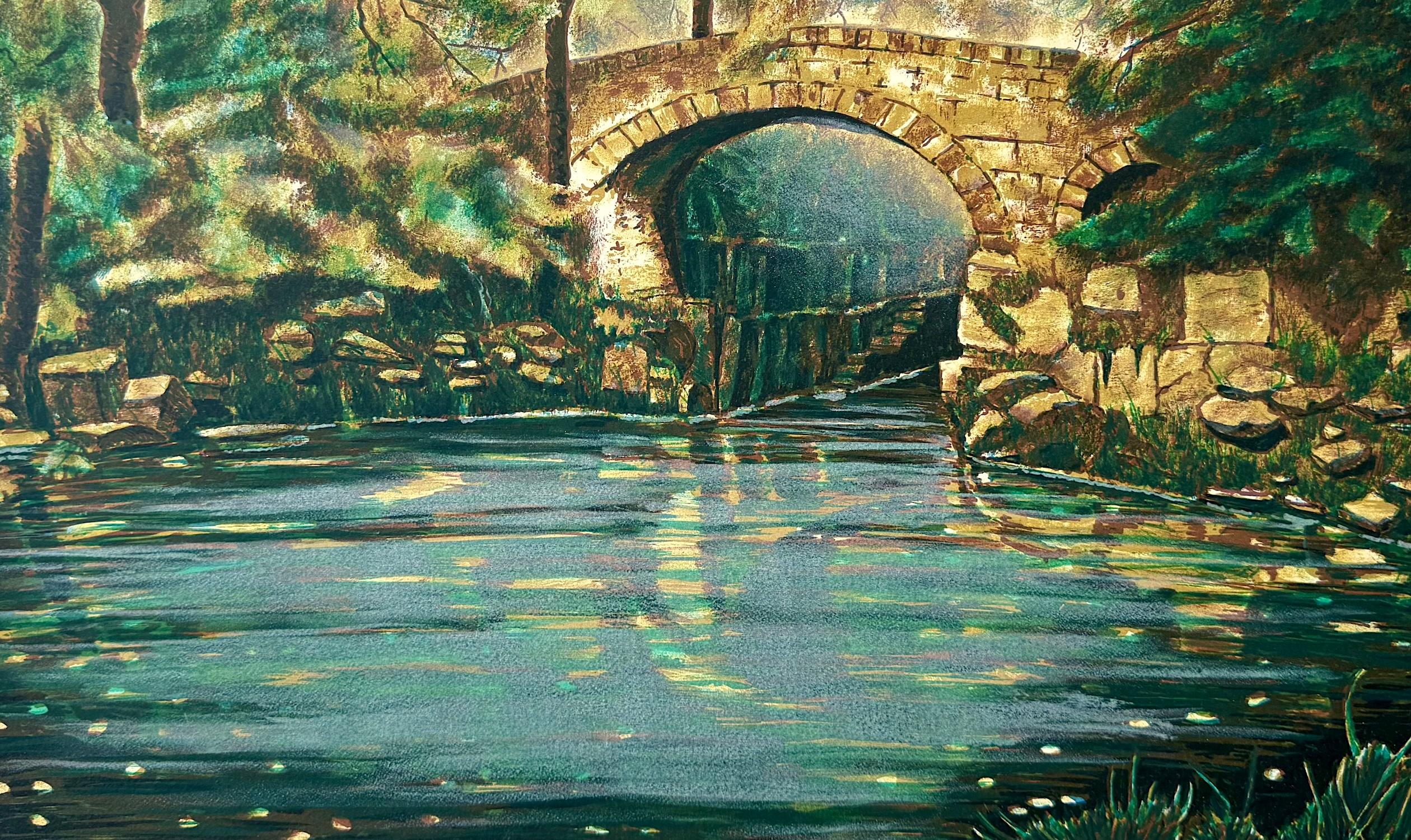 OLD STONE BRIDGE I Original Lithograph Green Forest Footbridge Over Still Water - Gray Print by Unknown
