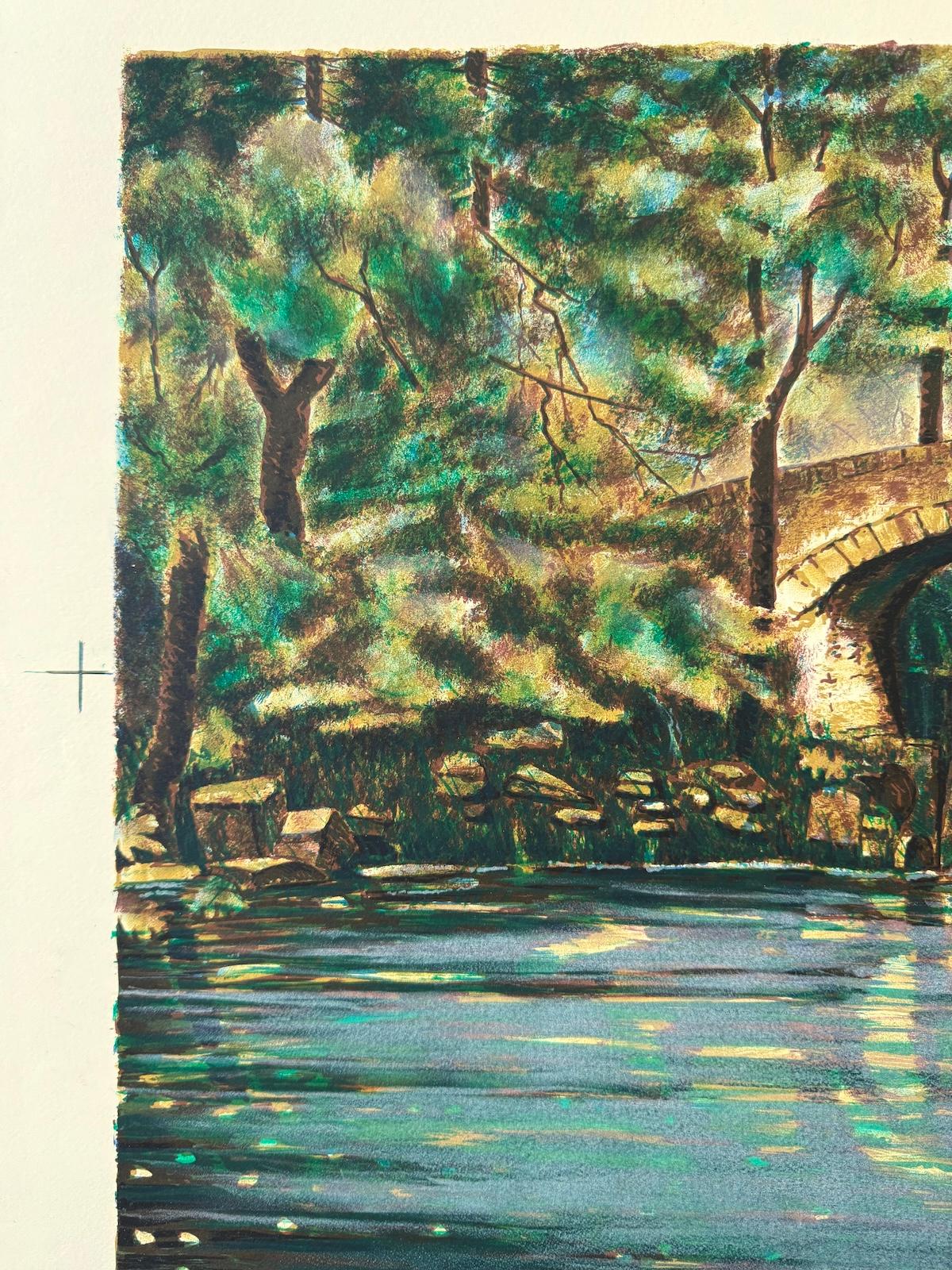 OLD STONE BRIDGE I is an original, hand drawn stone lithograph printed using hand lithography techniques on archival Arches paper 100% acid free paper, by the artist Ido Ben-Porat. OLD STONE BRIDGE I portrays a scenic green forest landscape