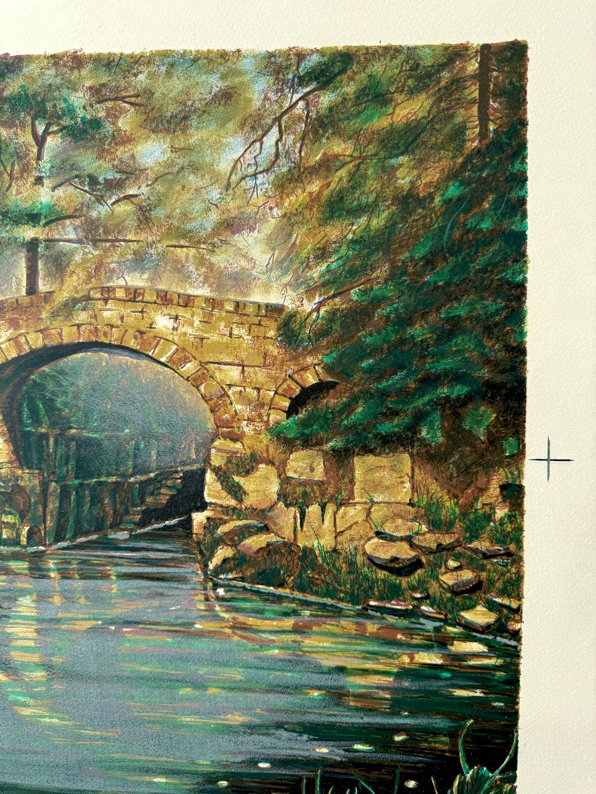 OLD STONE BRIDGE I Original Lithograph Green Forest Footbridge Over Still Water For Sale 1