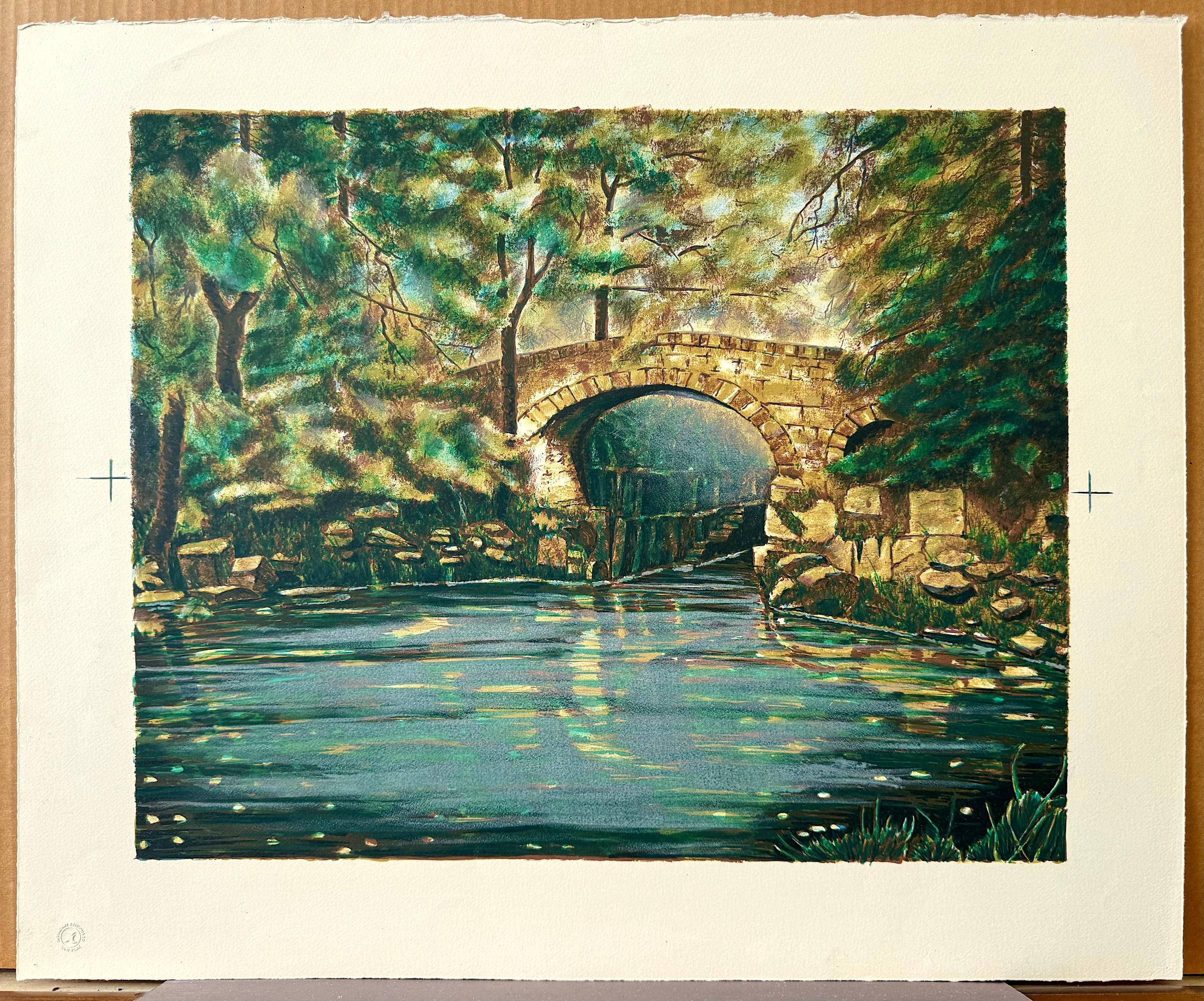 OLD STONE BRIDGE I Original Lithograph Green Forest Footbridge Over Still Water For Sale 3