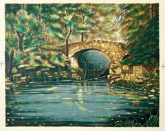 OLD STONE BRIDGE I Original Lithograph Green Forest Footbridge Over Still Water