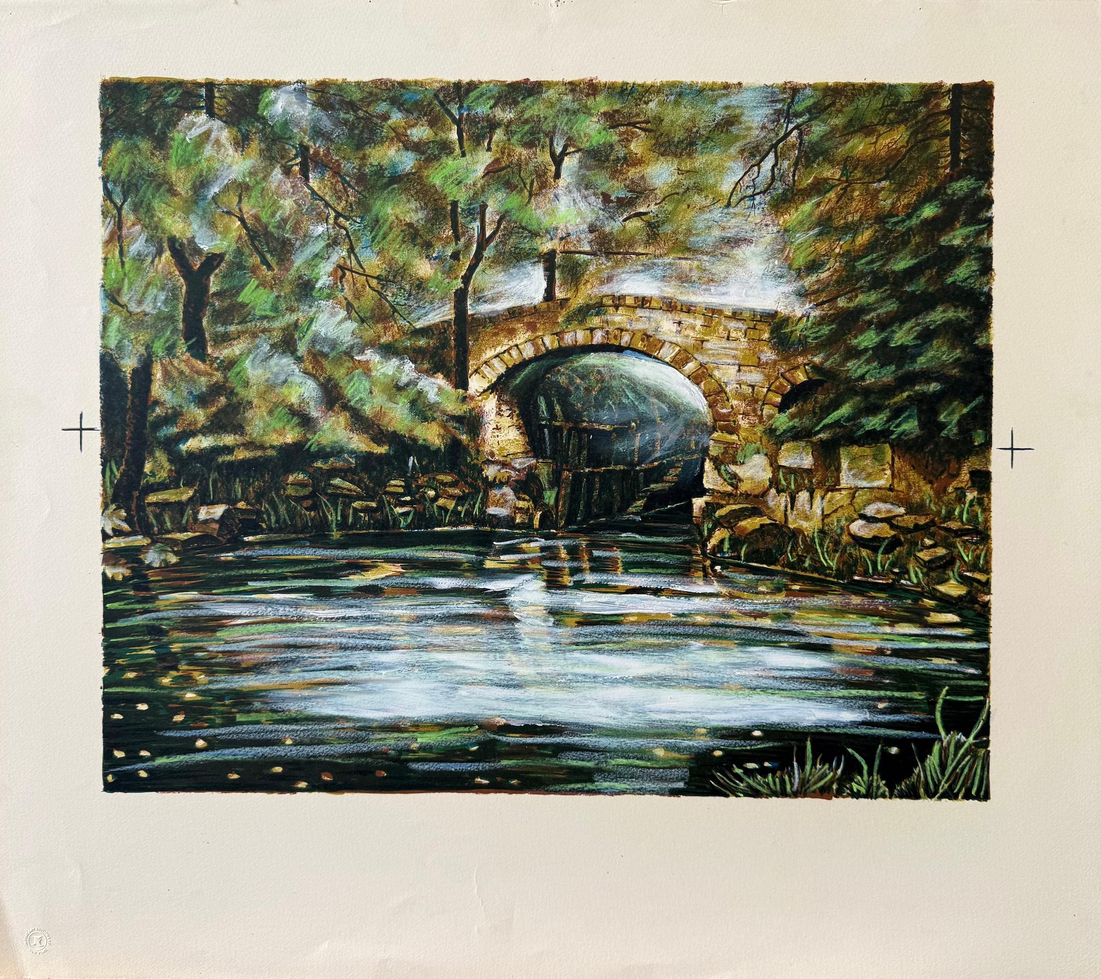 OLD STONE BRIDGE II Original Lithograph Hazy Forest Footbridge Over Still Water - Print by Unknown