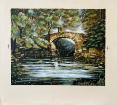 OLD STONE BRIDGE II Original Lithograph, Forest Footbridge Over Still Water