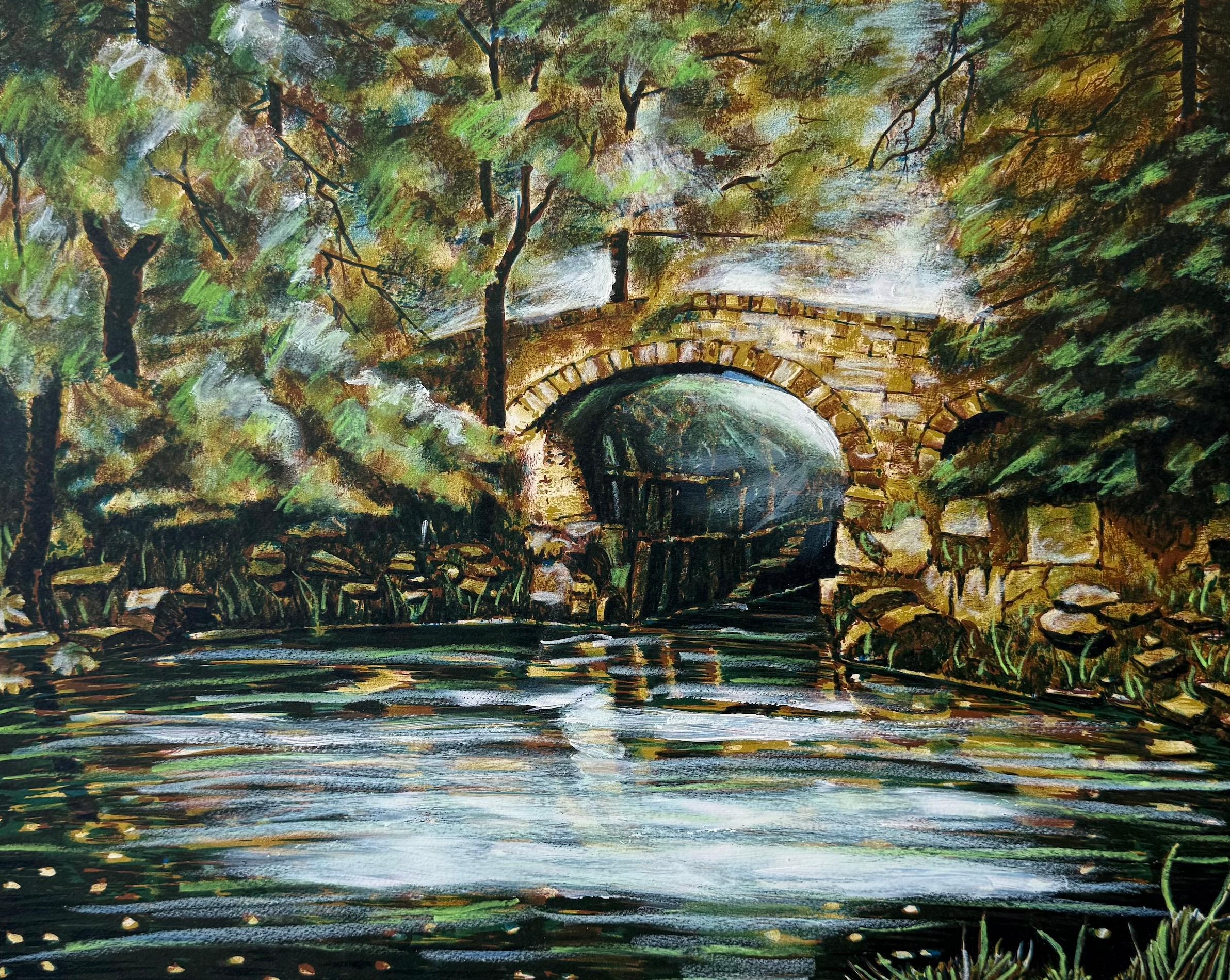 OLD STONE BRIDGE II Original Lithograph Hazy Forest Footbridge Over Still Water - Realist Print by Unknown