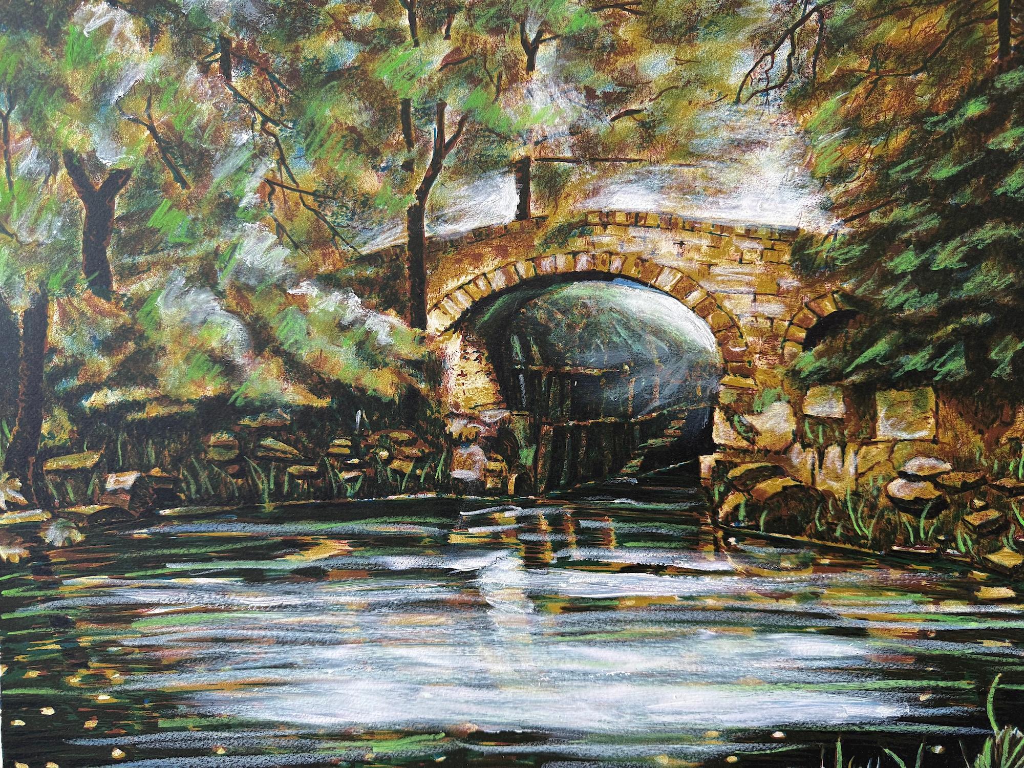 OLD STONE BRIDGE II Original Lithograph Hazy Forest Footbridge Over Still Water - Black Landscape Print by Unknown