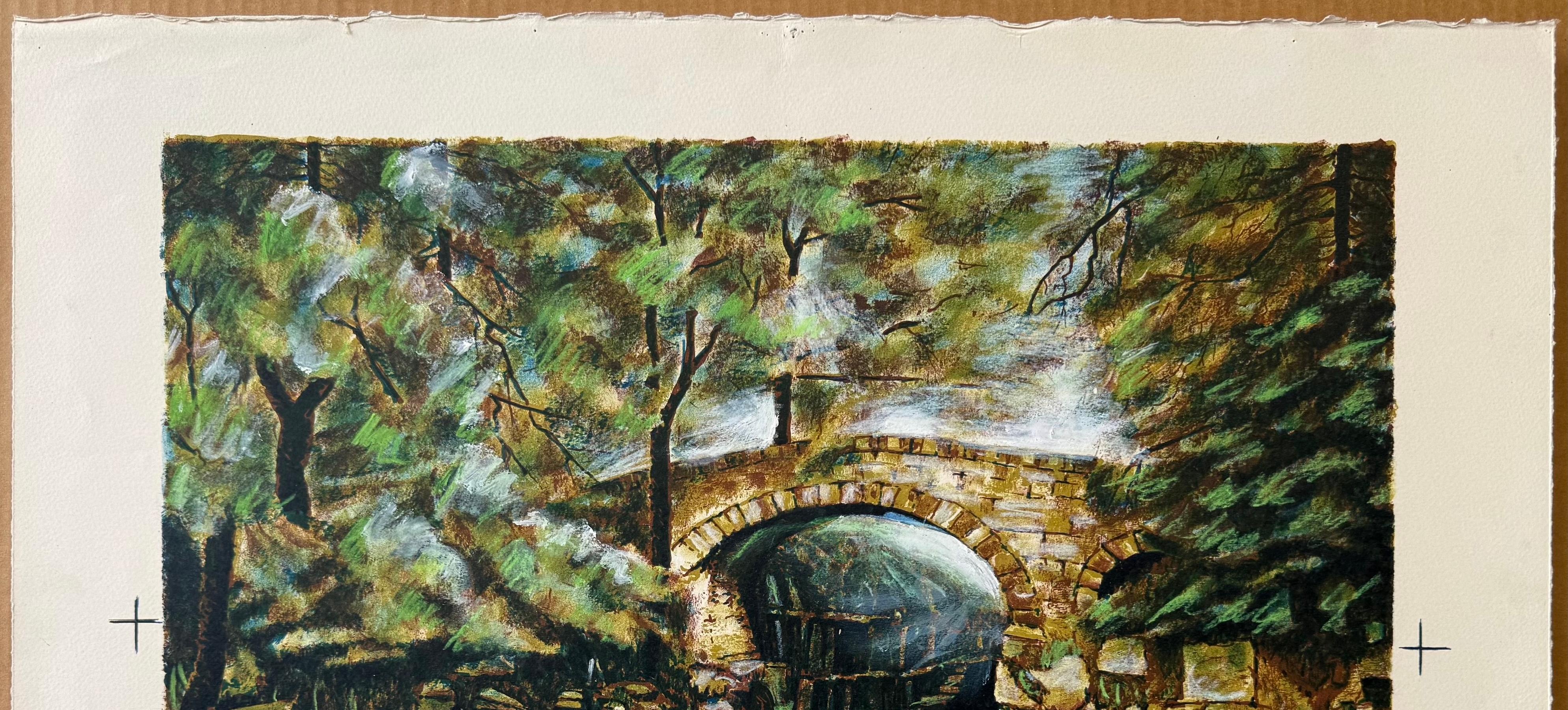 OLD STONE BRIDGE II is an original, hand drawn stone lithograph printed using hand lithography techniques on archival Arches paper 100% acid free paper, by the artist Ido Ben-Porat. OLD STONE BRIDGE II portrays a scenic hazy forest landscape