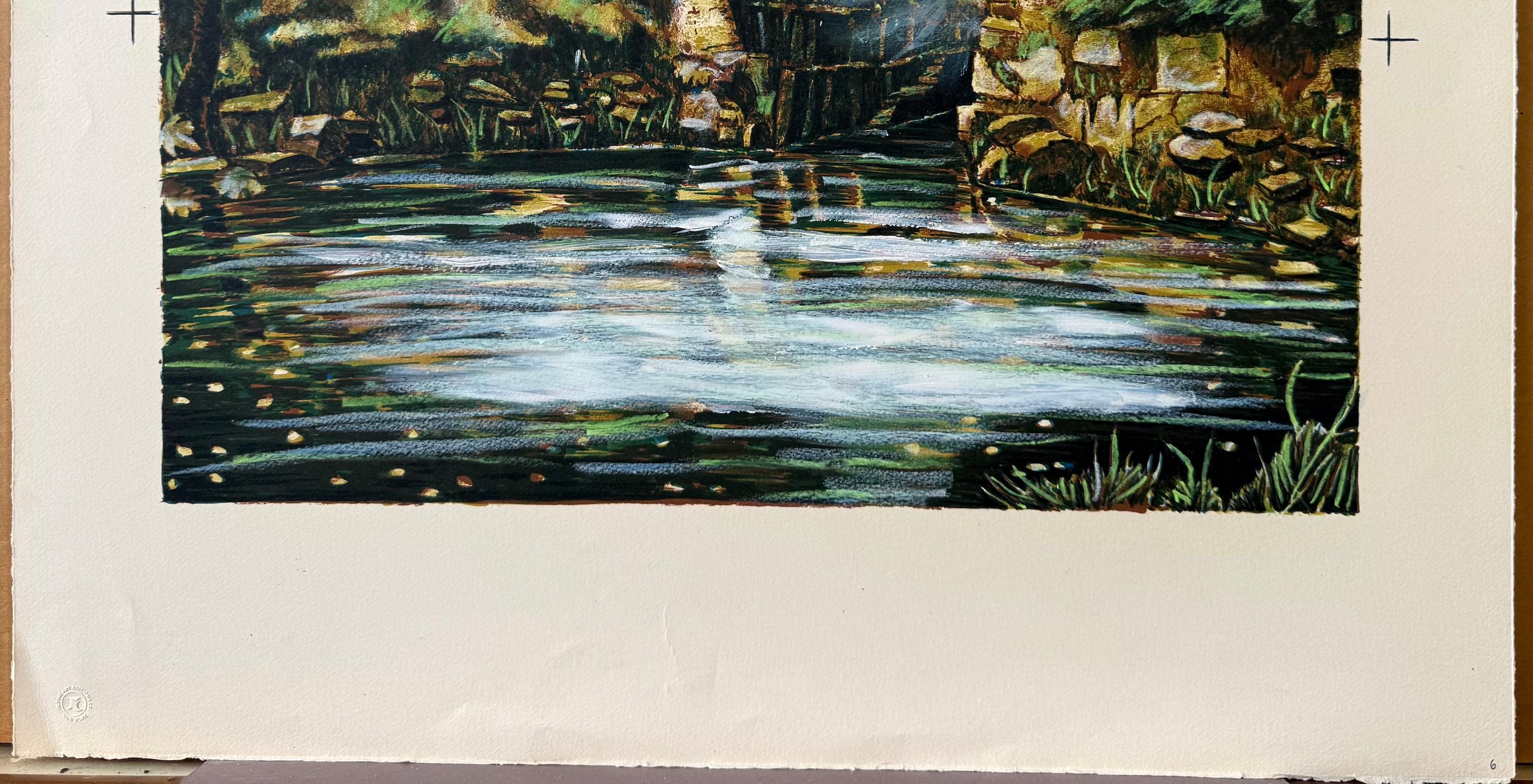 OLD STONE BRIDGE II Original Lithograph Hazy Forest Footbridge Over Still Water For Sale 1