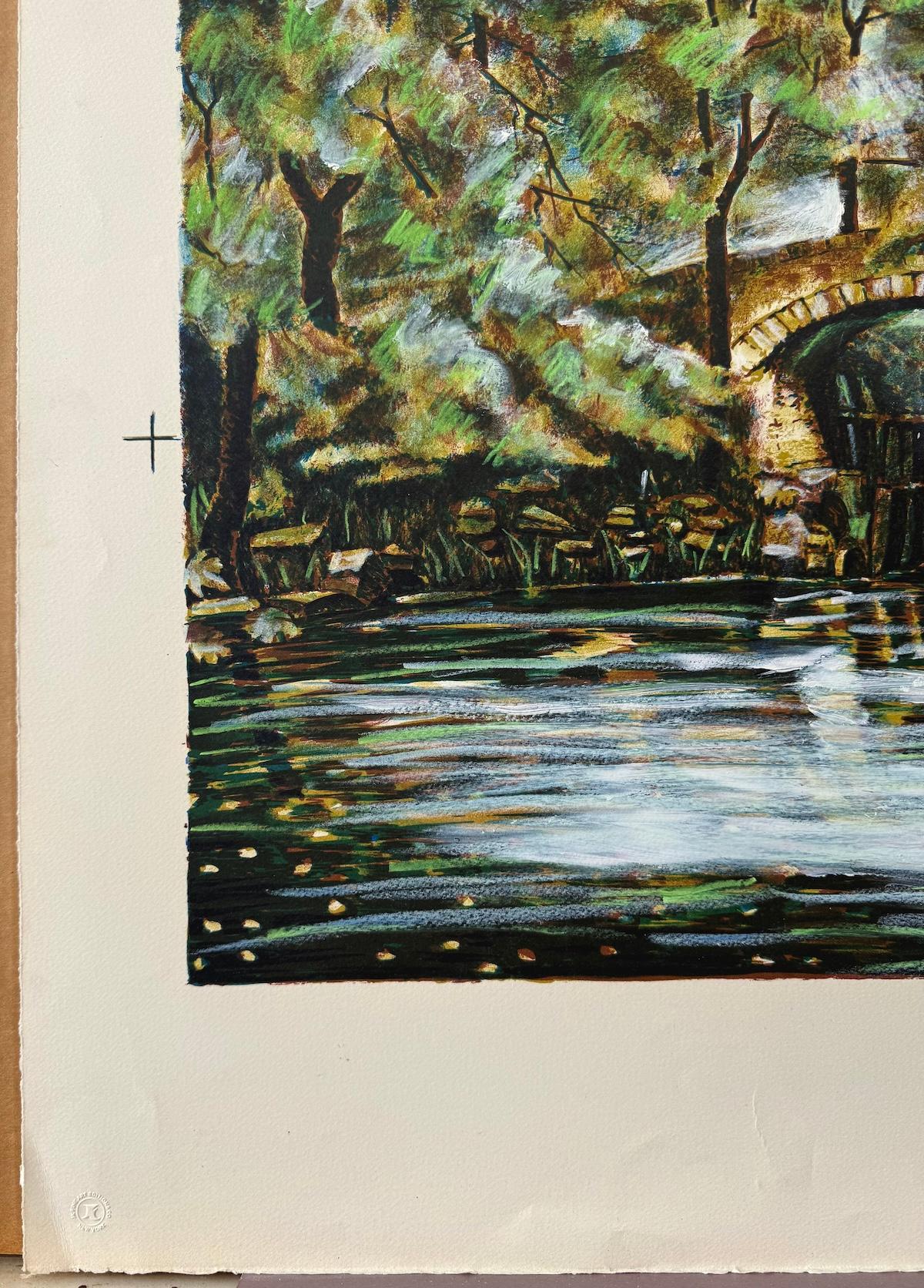 OLD STONE BRIDGE II Original Lithograph Hazy Forest Footbridge Over Still Water For Sale 2