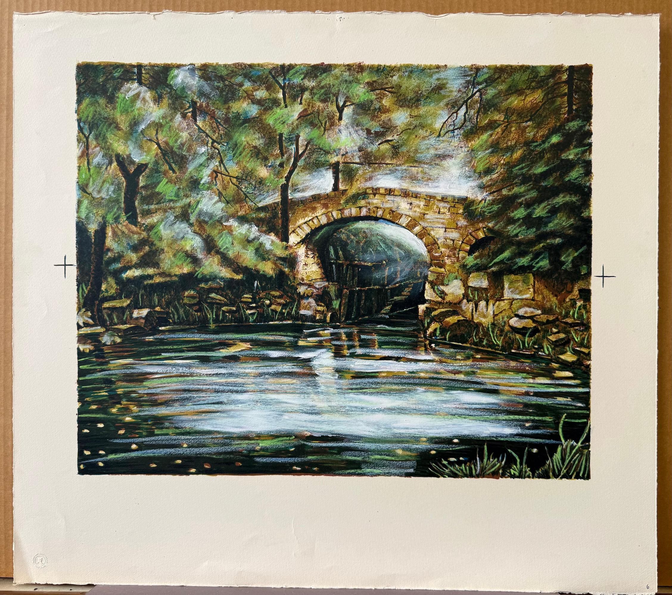 OLD STONE BRIDGE II Original Lithograph Hazy Forest Footbridge Over Still Water For Sale 3