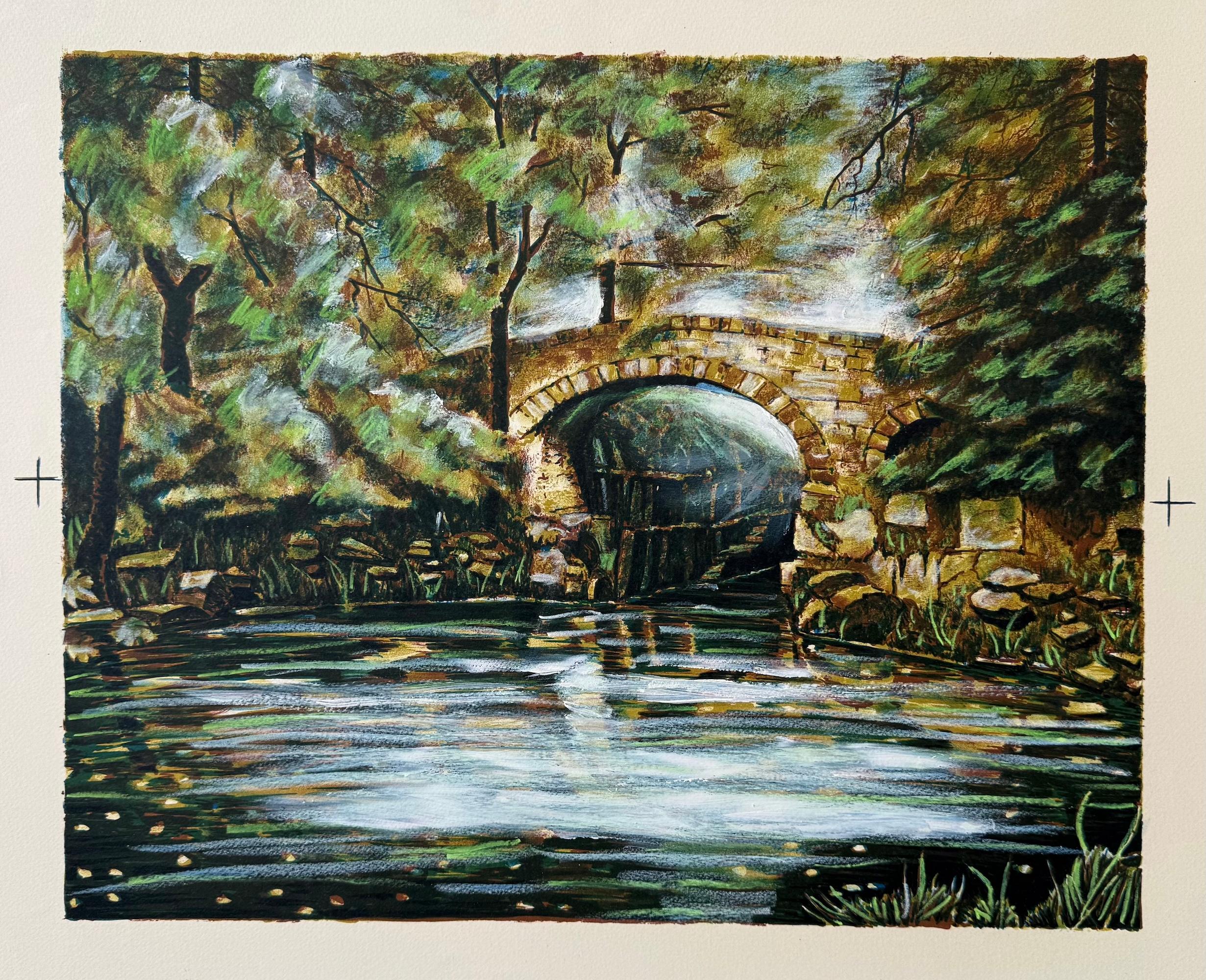 OLD STONE BRIDGE II Original Lithograph Hazy Forest Footbridge Over Still Water