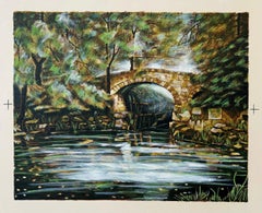 OLD STONE BRIDGE II Original Lithograph Hazy Forest Footbridge Over Still Water