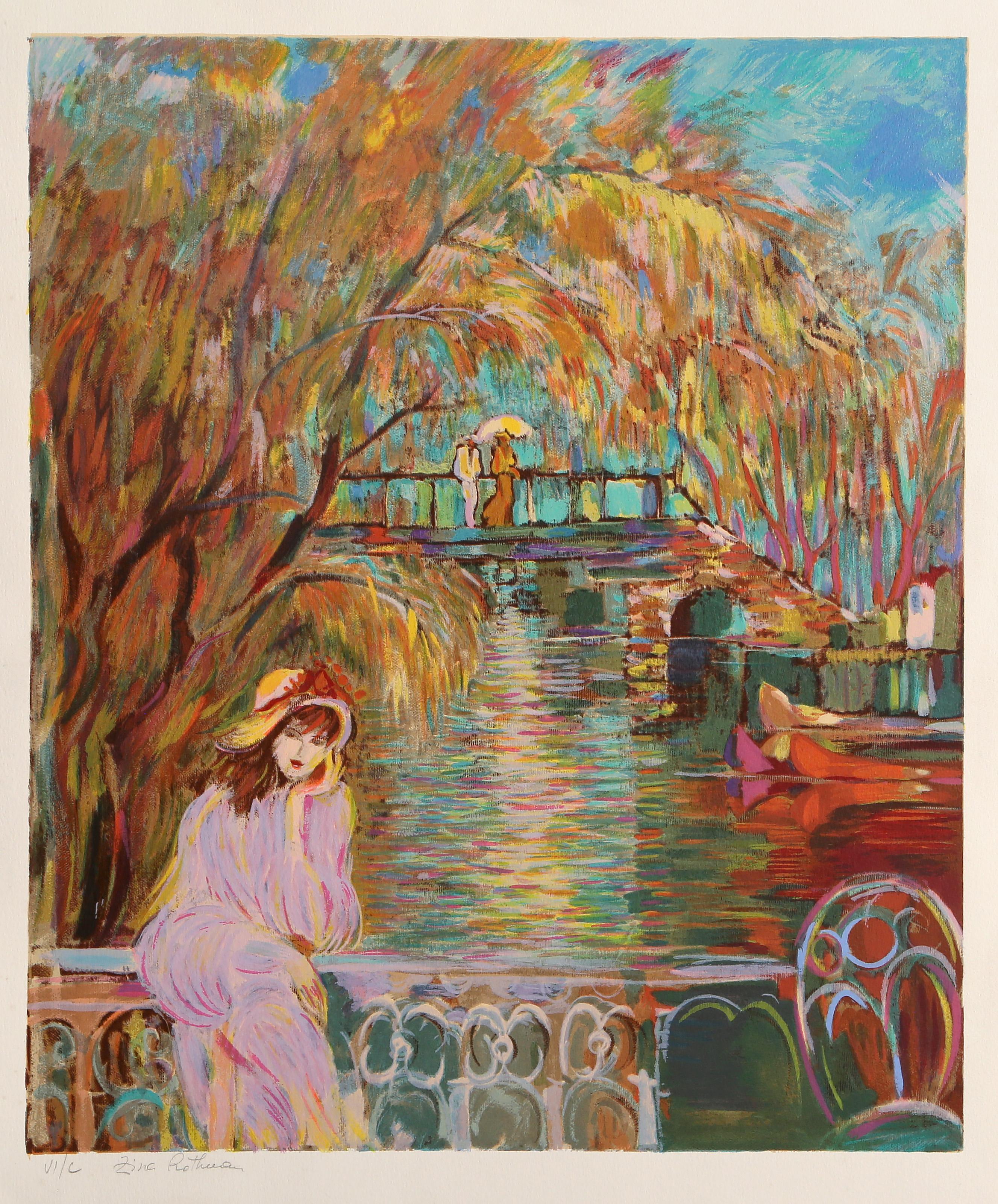 Unknown Landscape Print - On The Bridge, Impressionist Screenprint by Zina Rothman