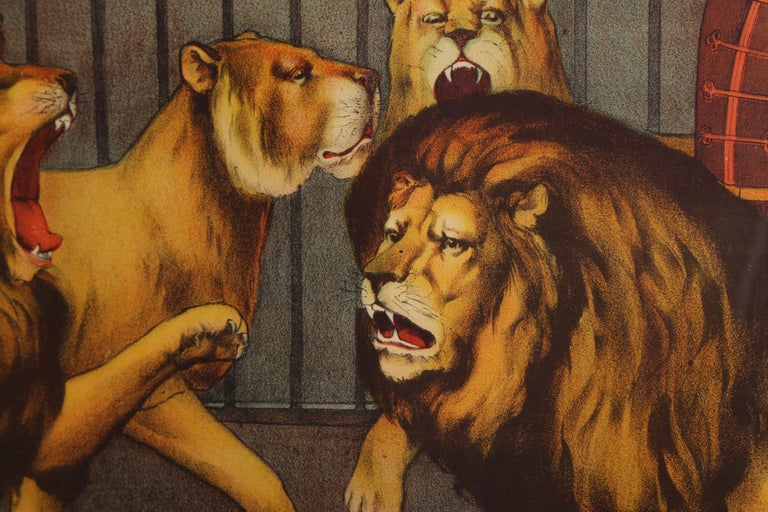 Open Dens of Ferocious Lions, King of the Animal World, Vintage Circus Poster - Brown Animal Print by Unknown