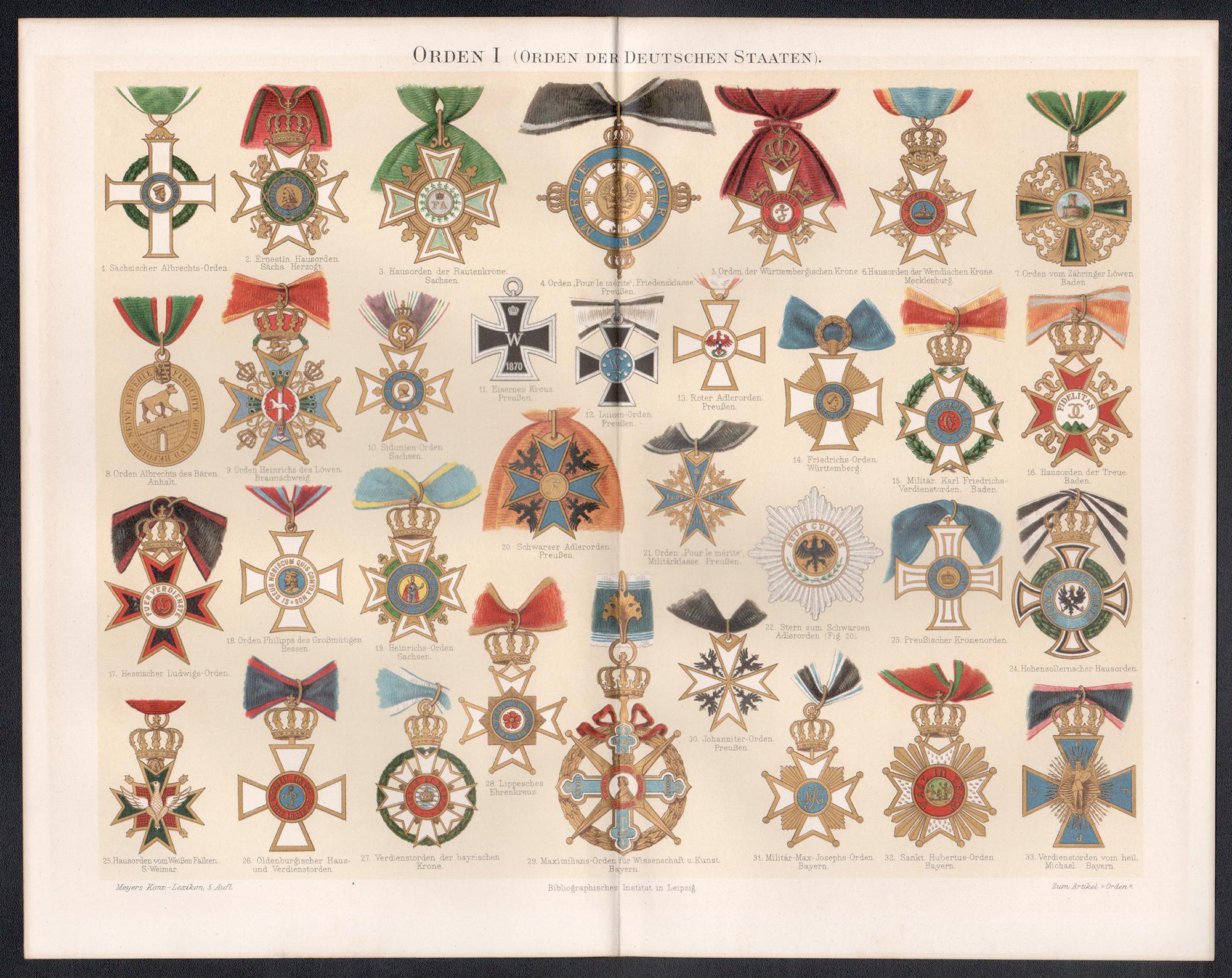 Ordini degli Stati tedeschi, medaglia tedesca stampa cromolitografica antica - Print di Unknown