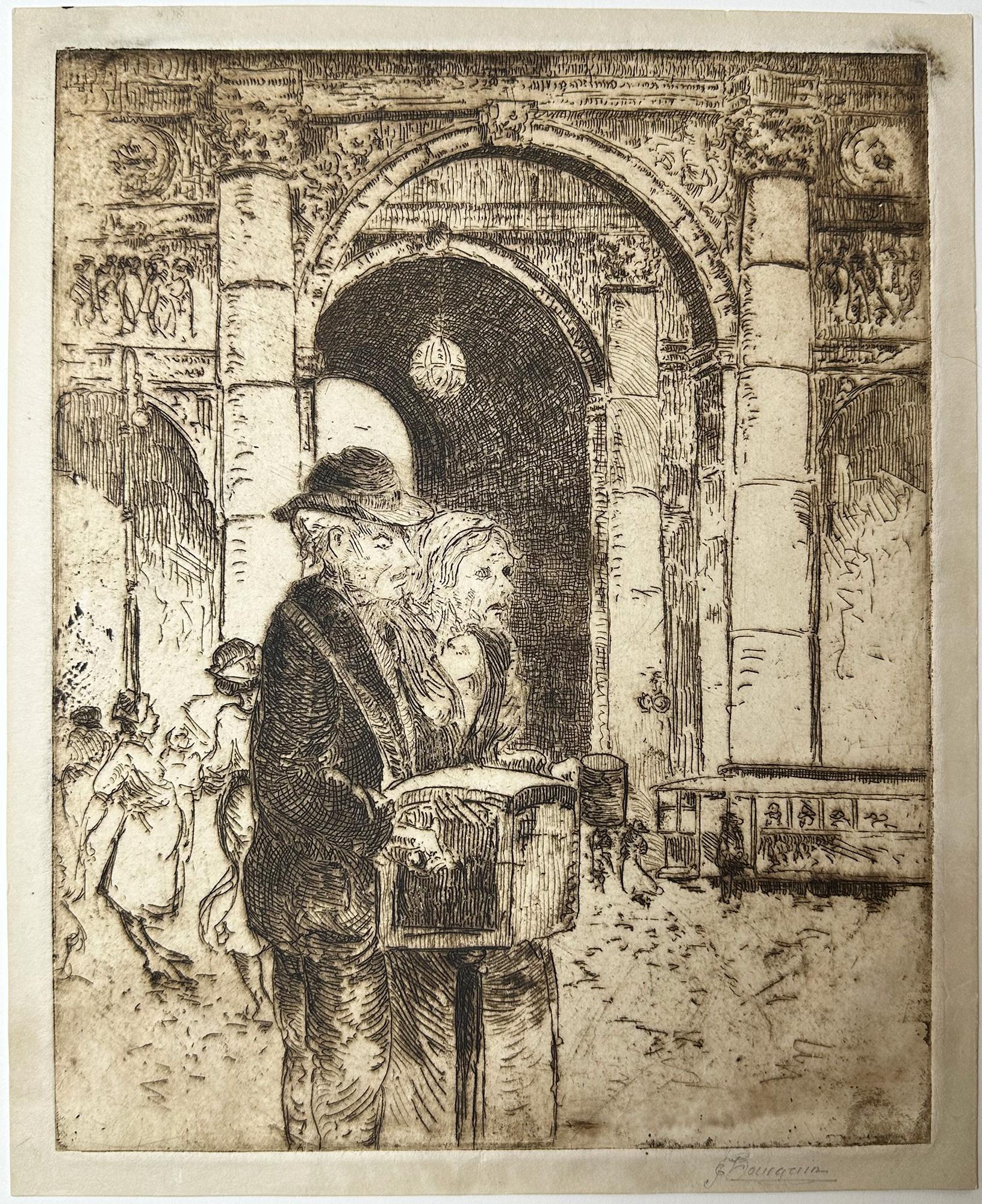 Unknown Figurative Print - Organ Grinder and Beggar – French School 19th Century