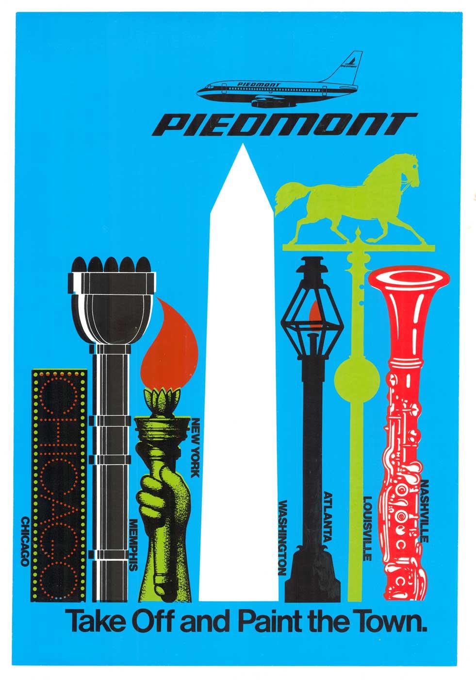 Figurative Print de Unknown - Póster de viaje original de la compañía aérea Piamonte "Despega y pinta la ciudad