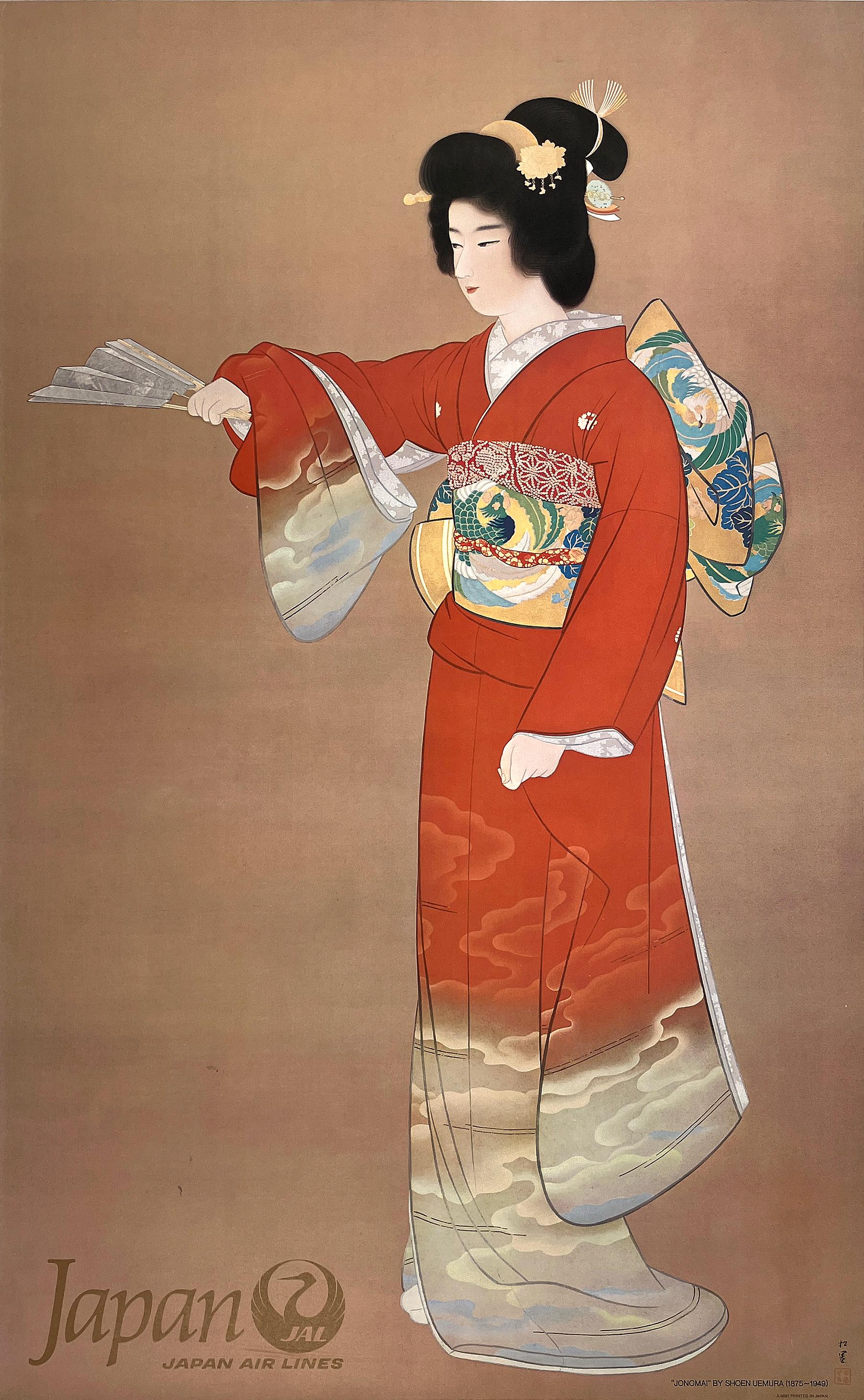 Origiinal Vintage Japan Air Lines Poster, Vintage, Frau in rotem Kimono auf Beige, Vintage, C1960