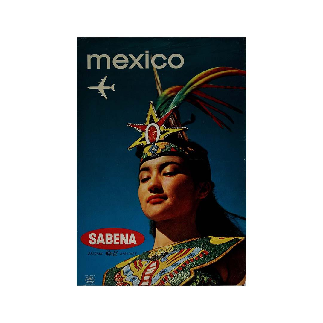 The vintage travel poster created by Sabena Belgian World Airlines to promote travel to Mexico is a striking example of mid-20th-century aviation advertising. This poster, with its vivid imagery and strong cultural references, was designed to