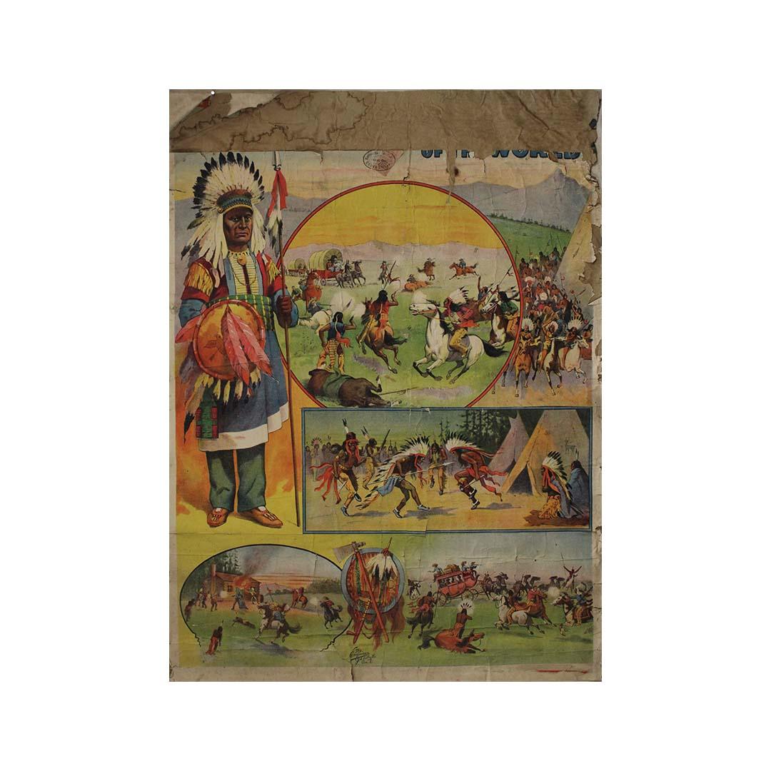 This original 1905 lithographic poster captures the excitement and spectacle of Buffalo Bill’s Wild West show, an iconic touring performance that captivated audiences worldwide in the late 19th and early 20th centuries. Founded by William F.