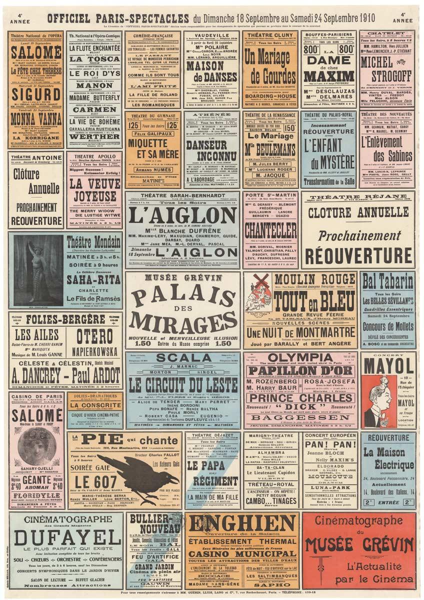 Affiche vintage originale Officiel Paris Spectacles de 1910 pour les performances de théâtre