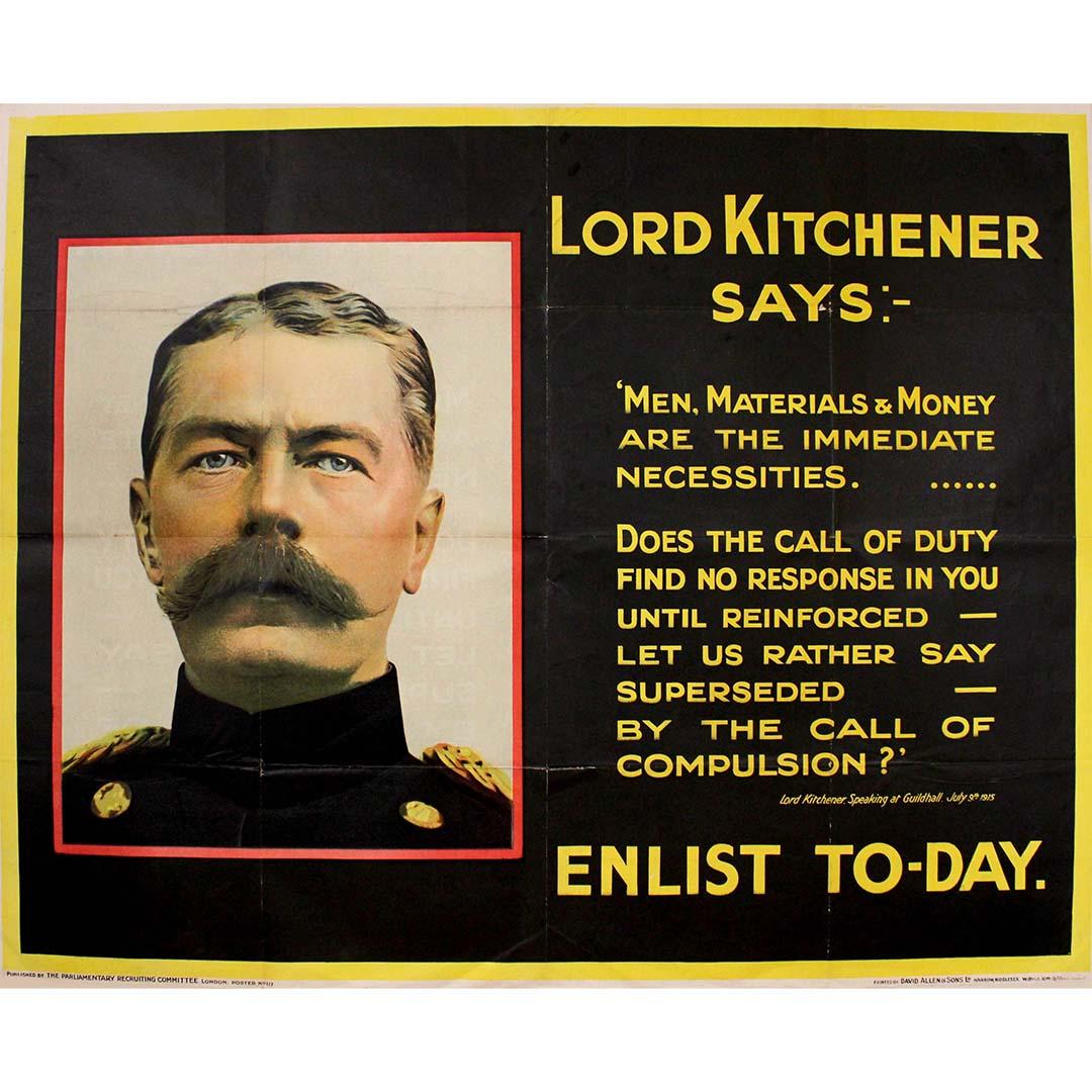 Original 1915 poster featuring Lord Kitchener's iconic proclamation WWI - Print by Unknown