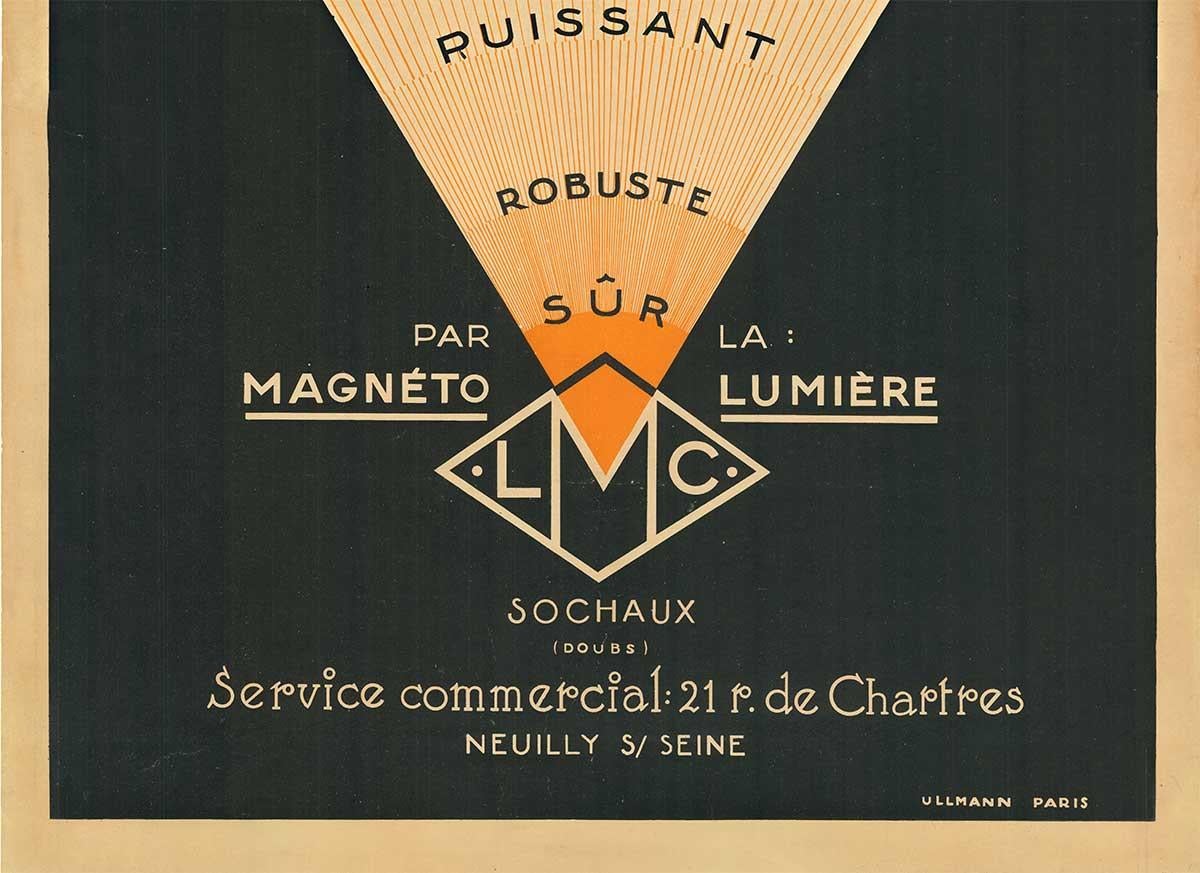 Original 1920s Magneto Lumiere L M C vintage automobile poster - Orange Figurative Print by Unknown