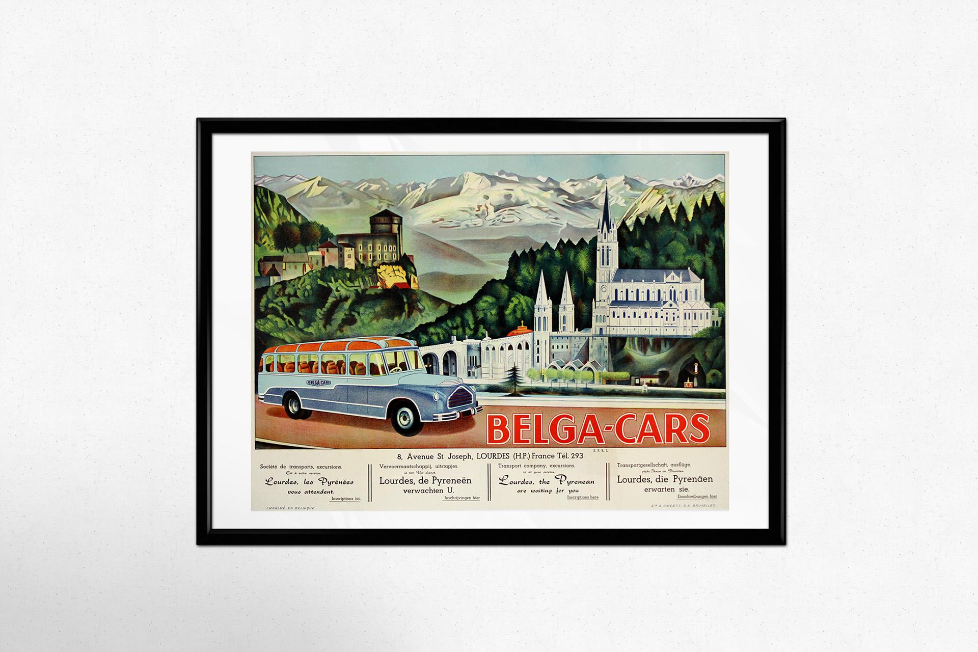 Originalplakat aus den 1920er Jahren für Belga-cars, ein belgisches Transportunternehmen nach Lourdes im Angebot 2