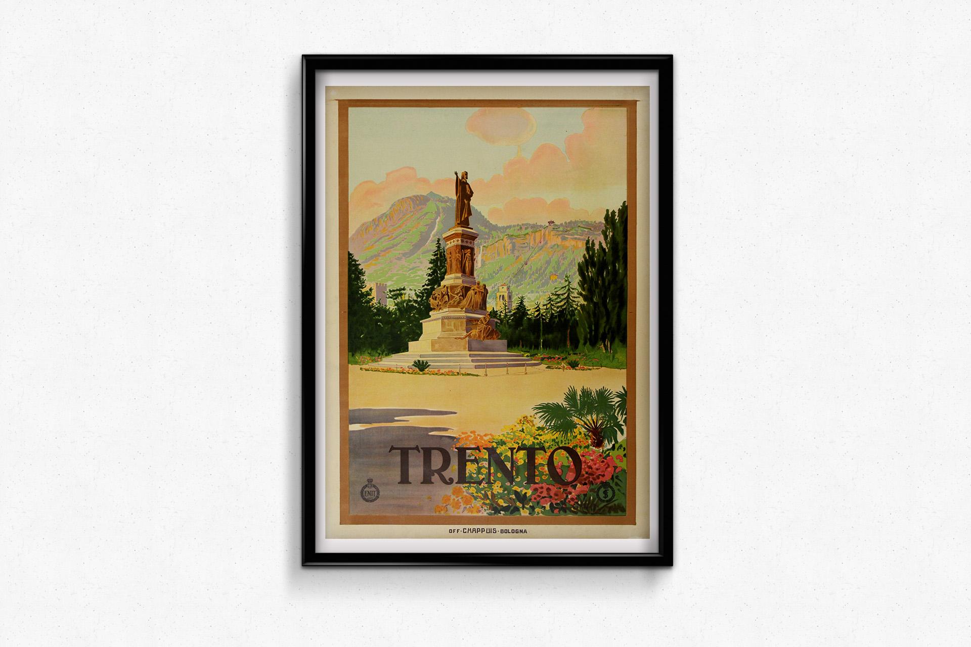 Dieses prächtige italienische Original-Reiseplakat von 1933 wirbt für Trient. Es wurde von der ENIT (Ente Nazionale Italiano per il Turismo) herausgegeben, um das kulturelle Erbe und die atemberaubende Natur dieser Alpenstadt zu würdigen.

Das
