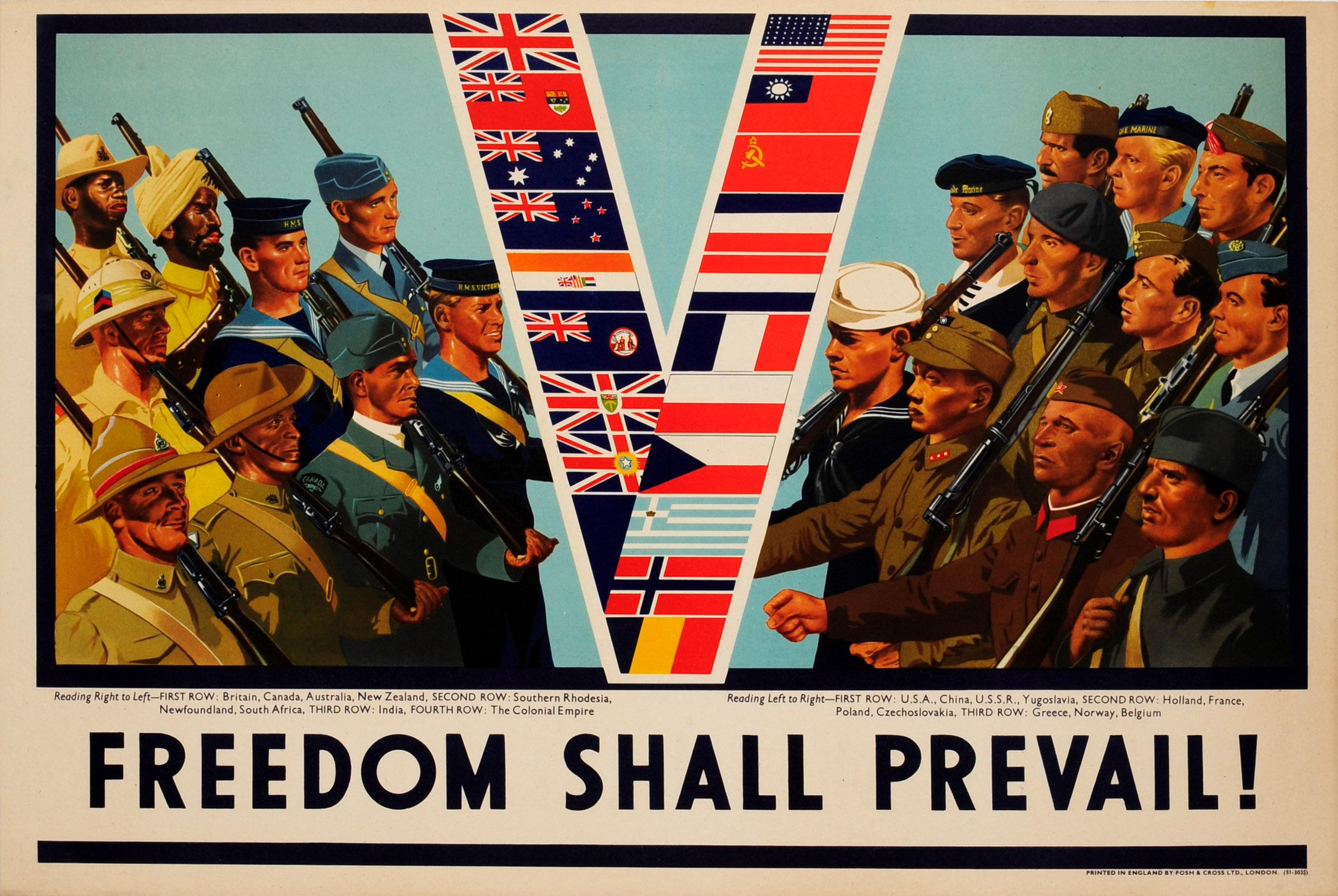 Unknown Print - Original 1940s World War Two Poster Freedom Shall Prevail Allies Victory V Flags