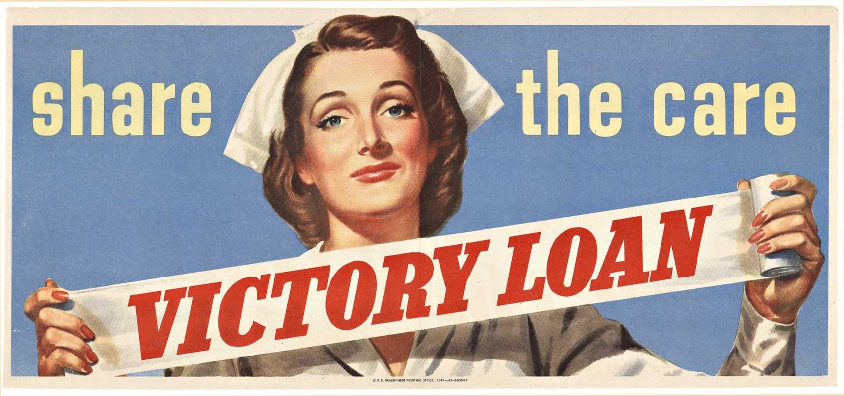 Affiche vintage originale de 1945 ""Share the Care, Victory Loan"".