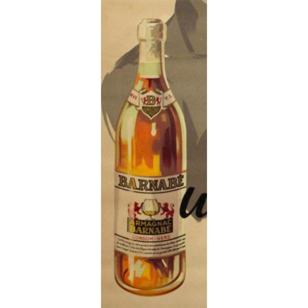 Dieses originale französische Werbeplakat aus dem Jahr 1946 ist ein Toast auf den raffinierten Genuss der Nachkriegszeit. Es lädt dazu ein, ein gutes Essen mit einem Glas Armagnac Barnabé abzuschließen, wie es sich für einen echten Gourmet