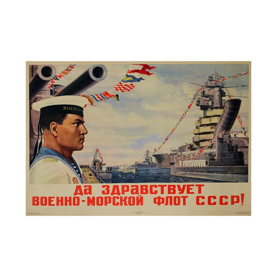Original 1946 Soviet propaganda poster titled Long live the Soviet Navy! For Sale 2