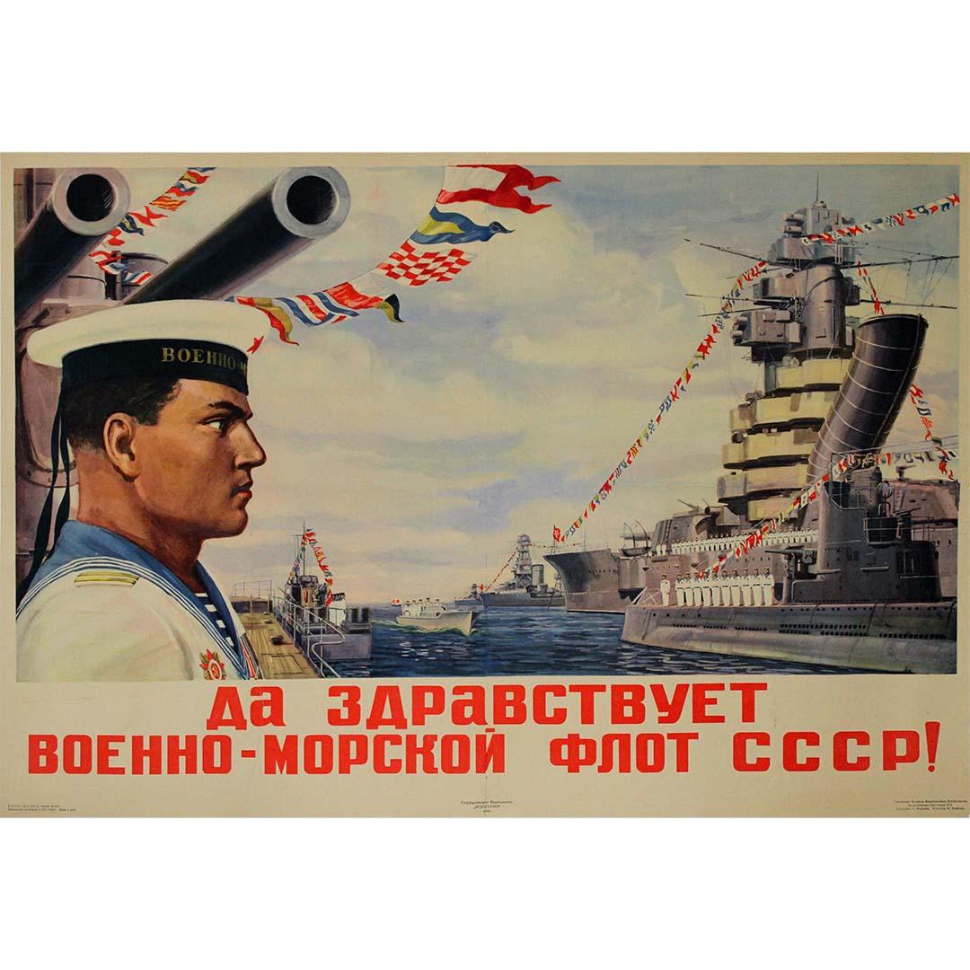 Affiche de propagande soviétique originale de 1946 intitulée Long live the Soviet Navy! - Print de Unknown